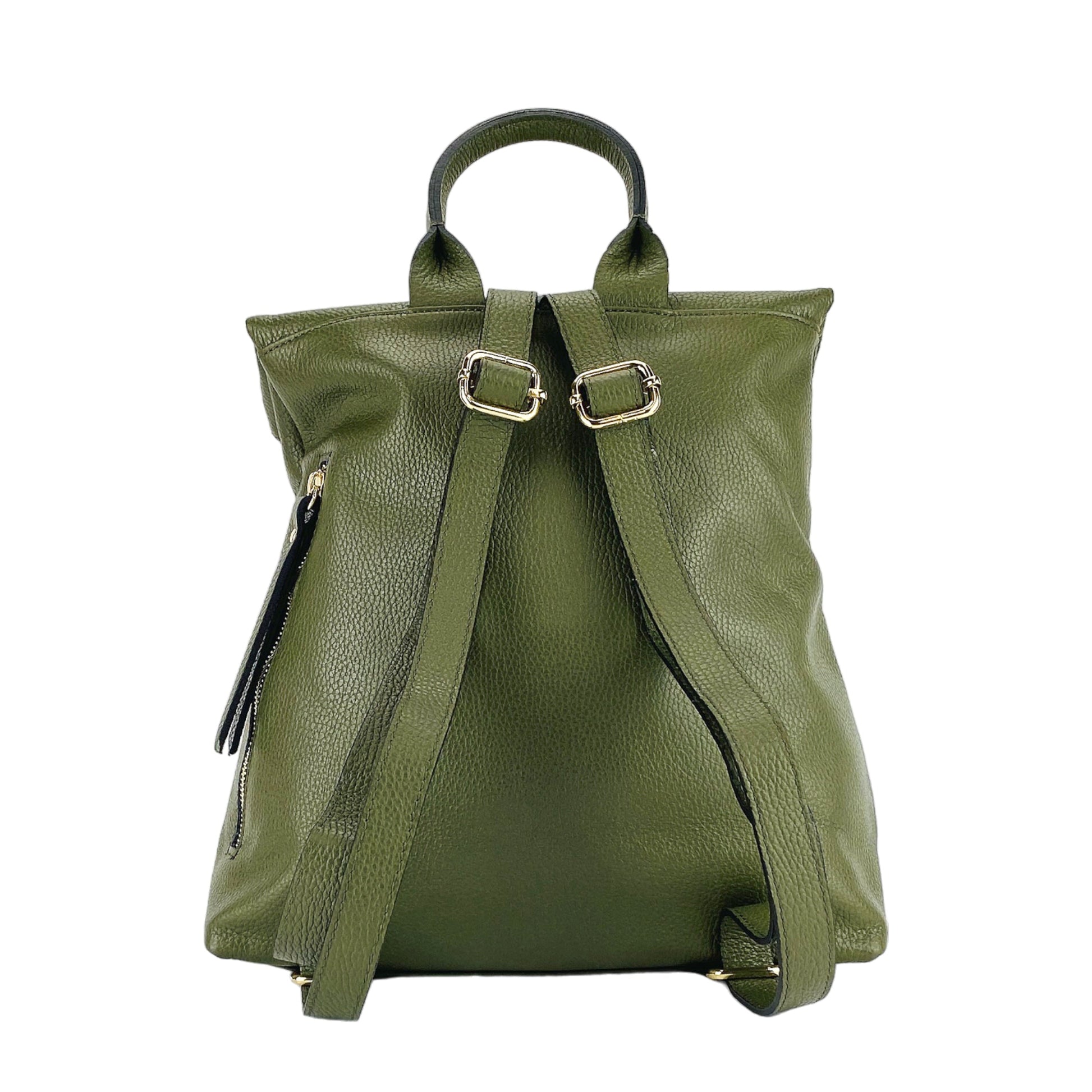 Green leather backpack on a white background