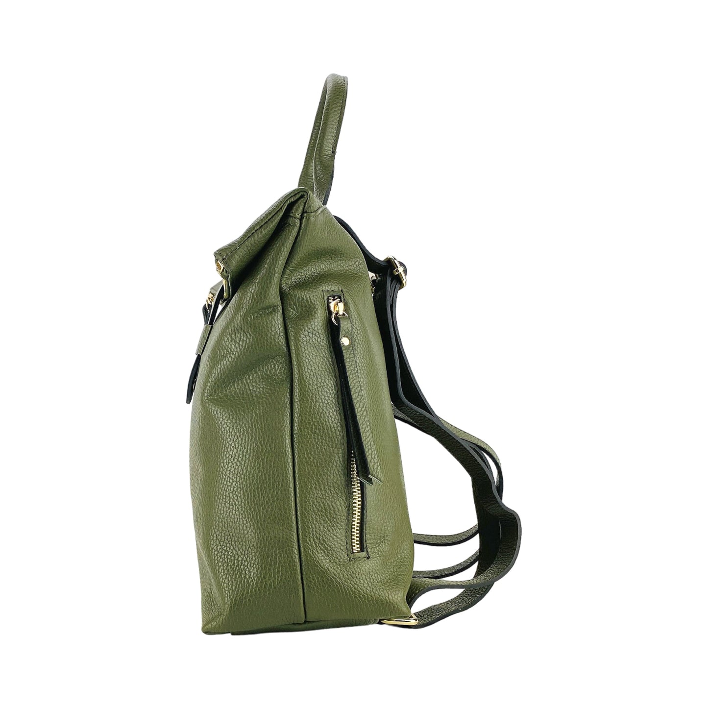 Green leather backpack on a white background