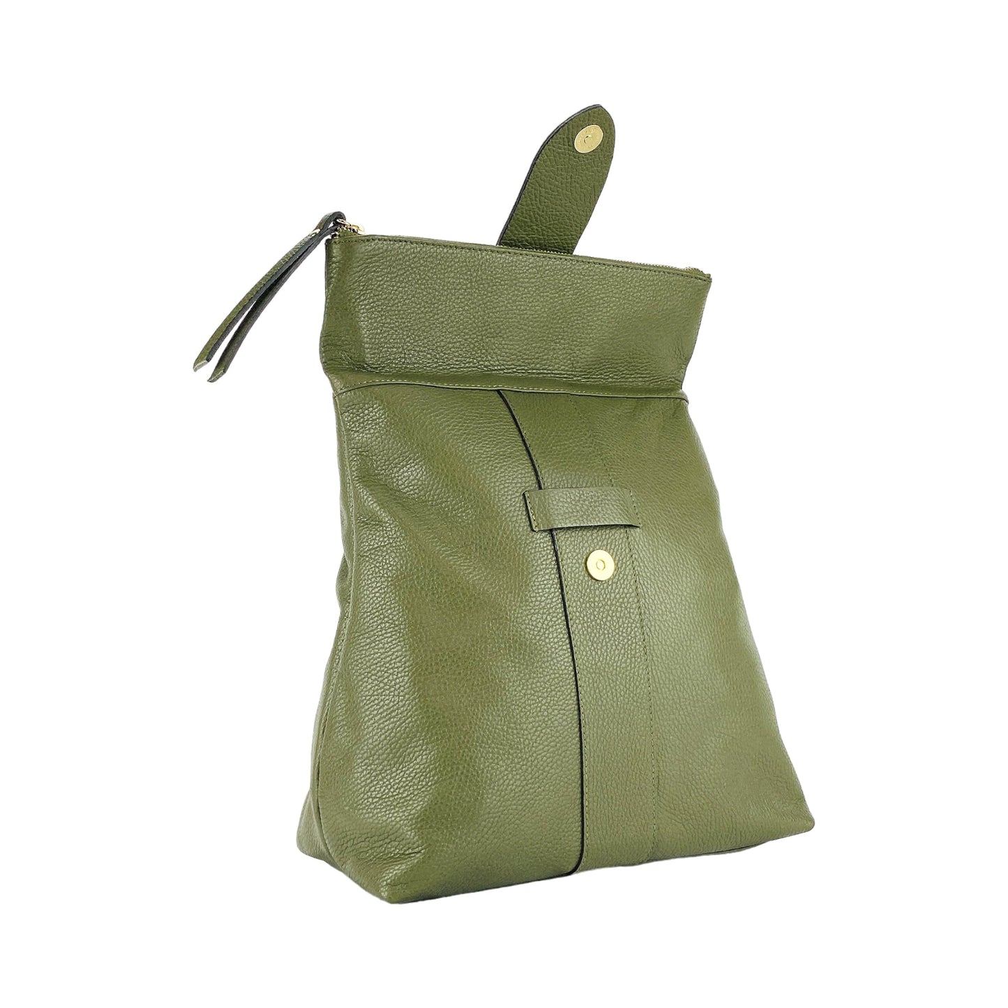 Green leather bag with a strap on a white background