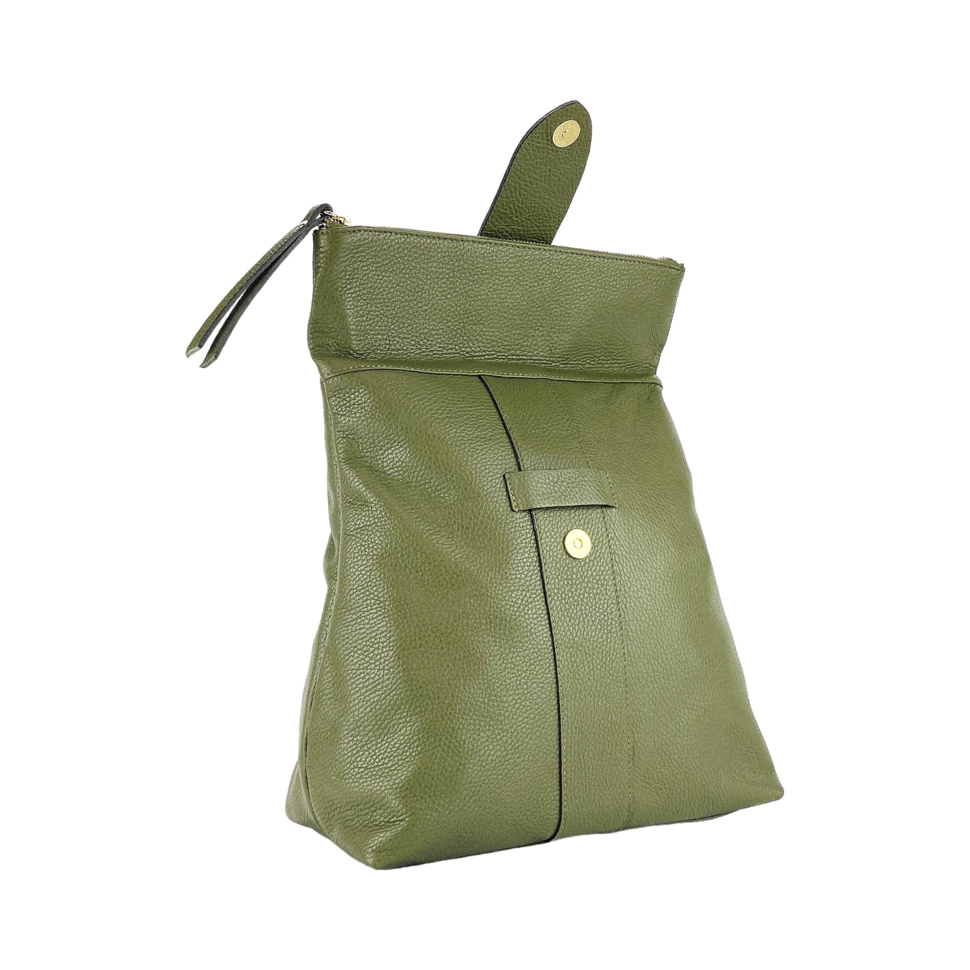 Green leather bag with a strap on a white background
