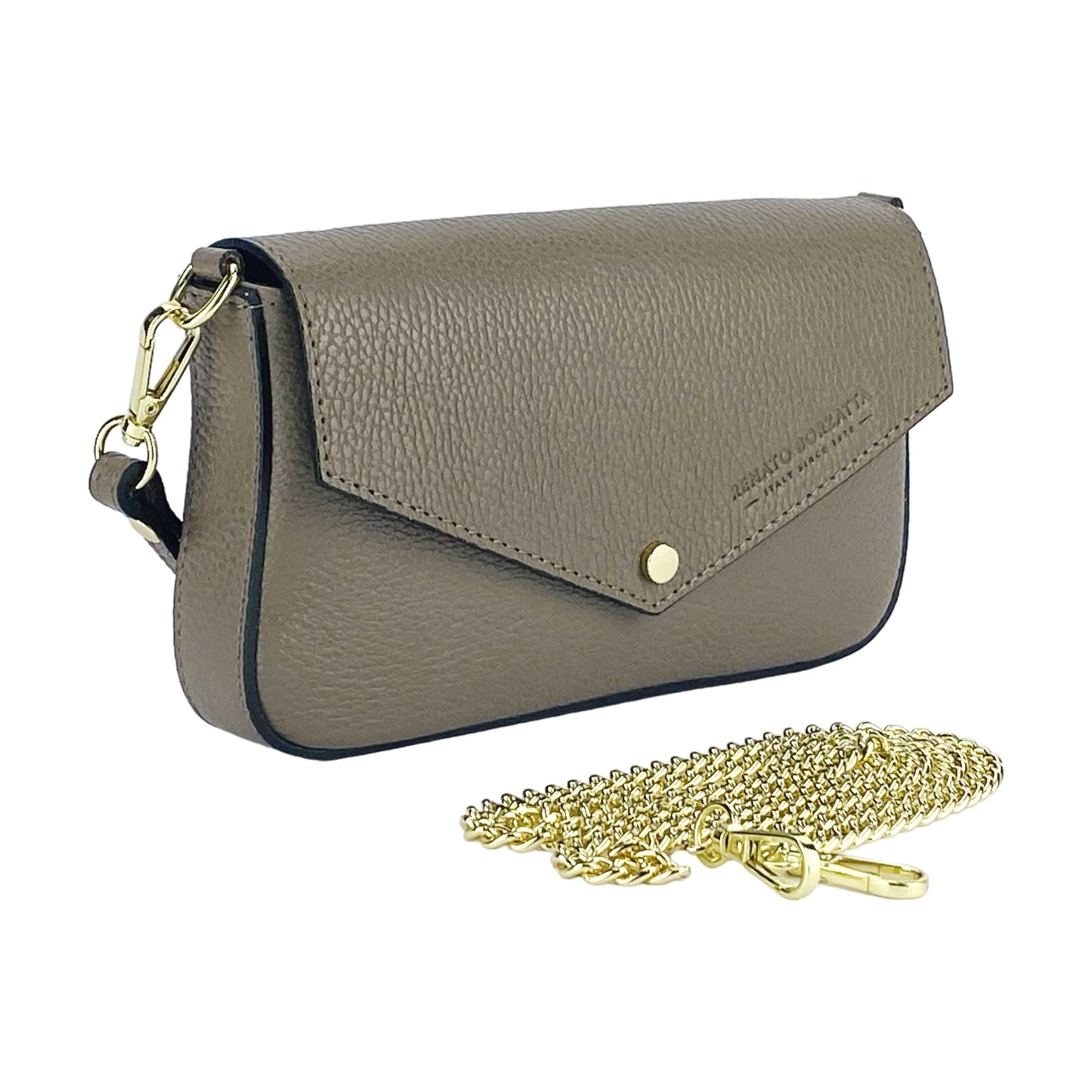 Gray handbag with gold chain on a white background