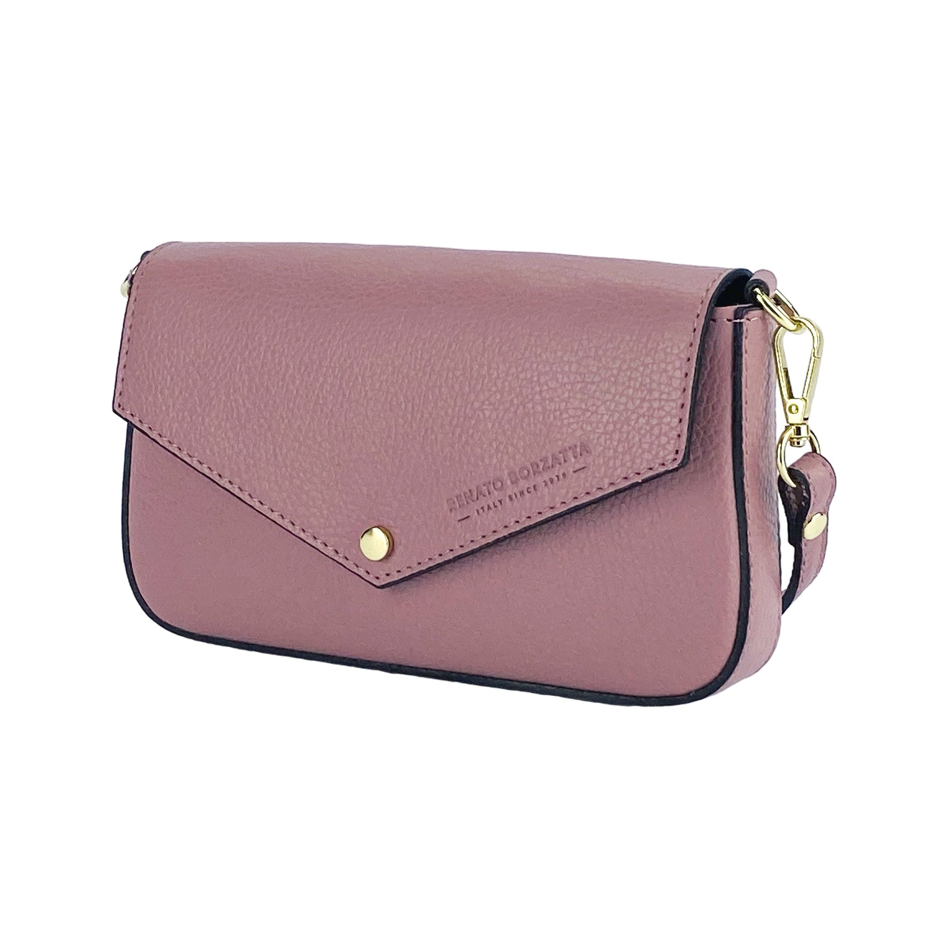 Pink handbag with gold accents on a white background