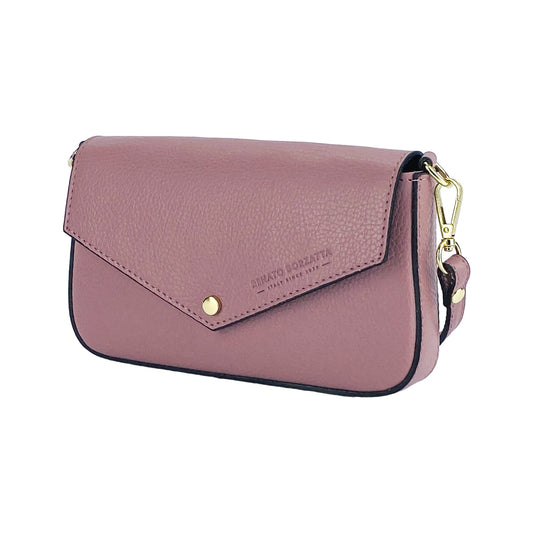 Pink handbag with gold accents on a white background