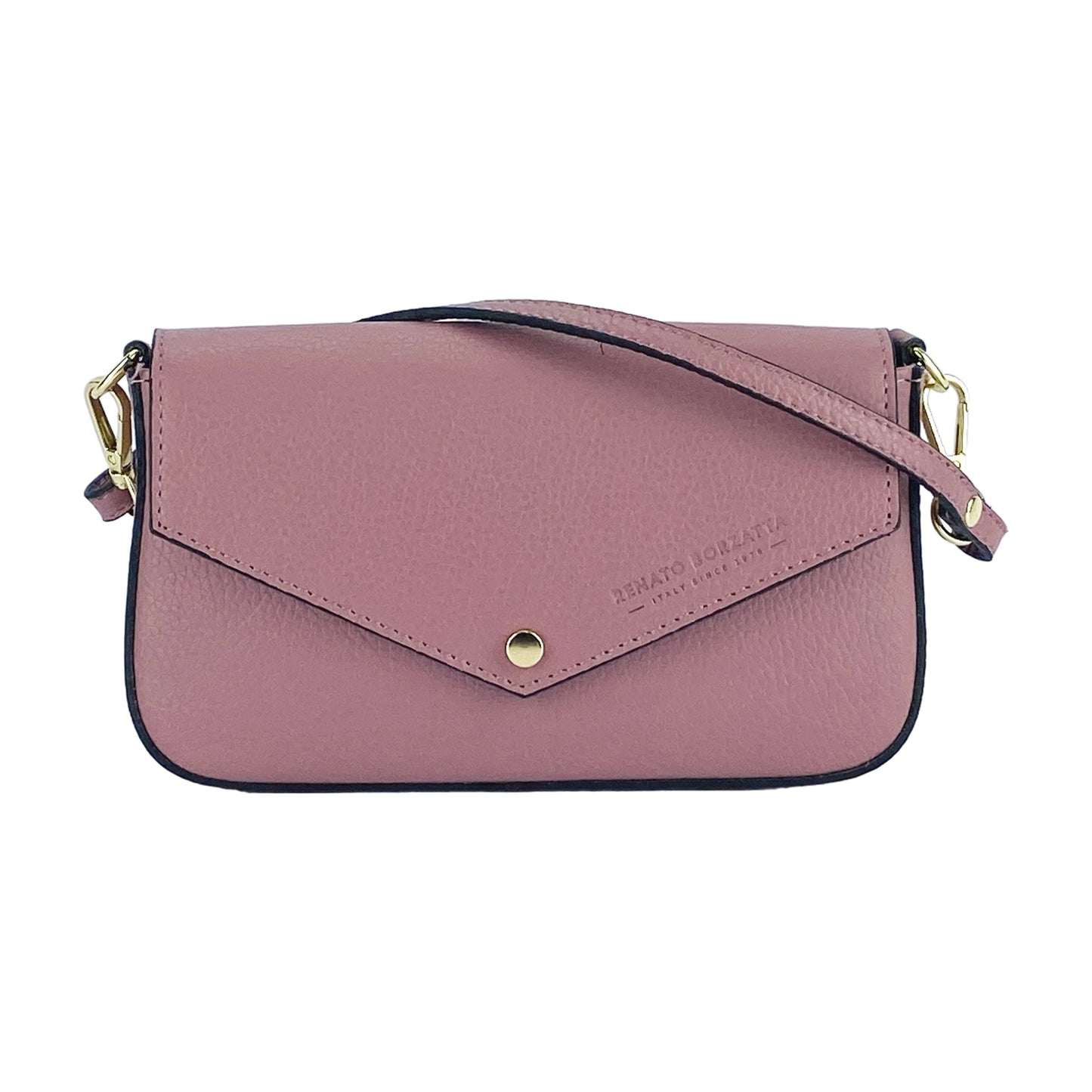 Pink handbag with gold accents on a white background