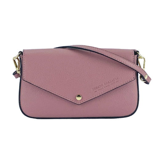 Pink handbag with gold accents on a white background
