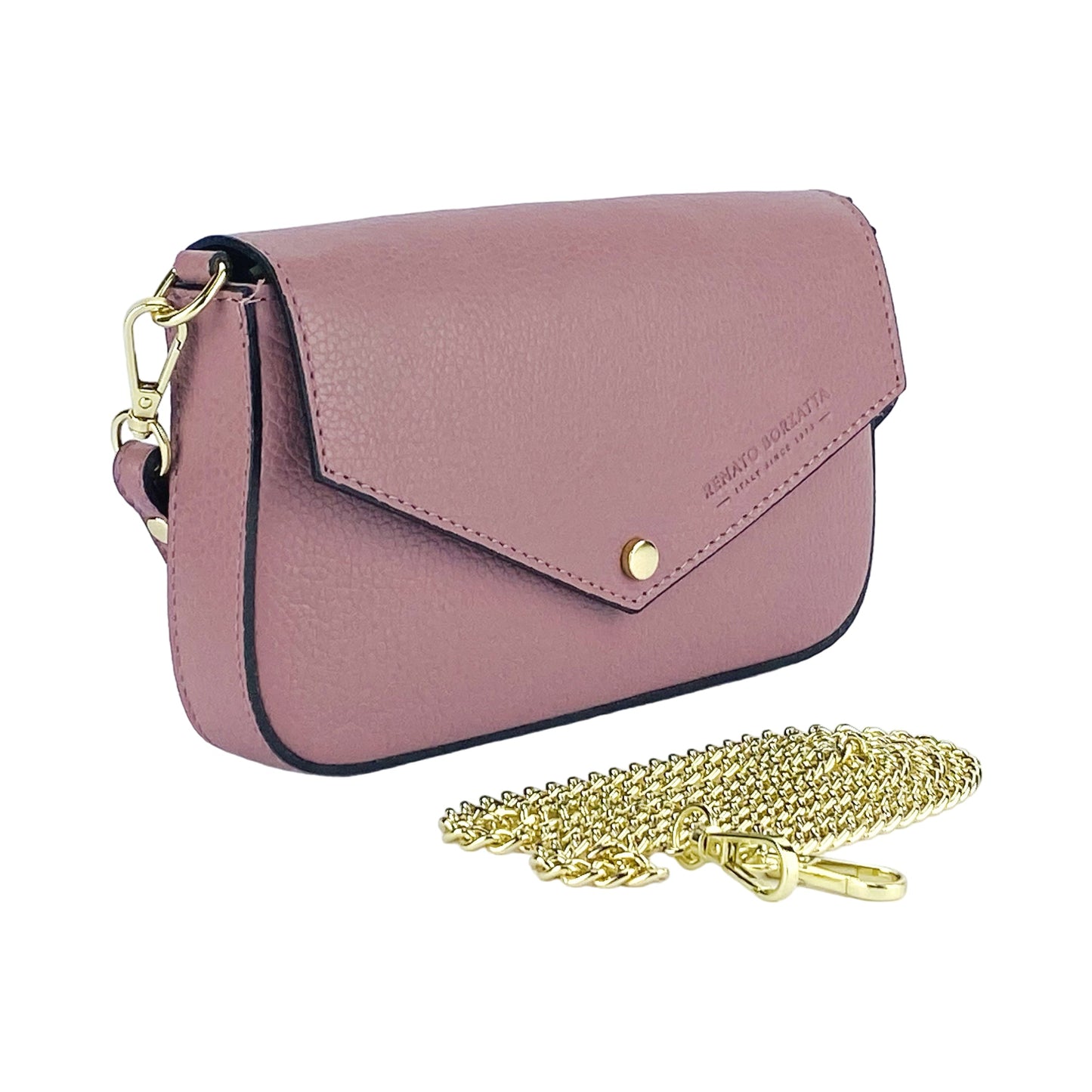 Pink handbag with gold chain on a white background