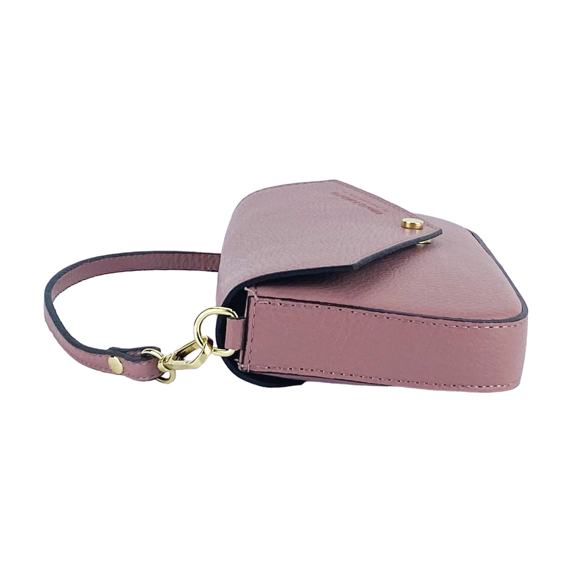 Pink handbag with a strap on a white background