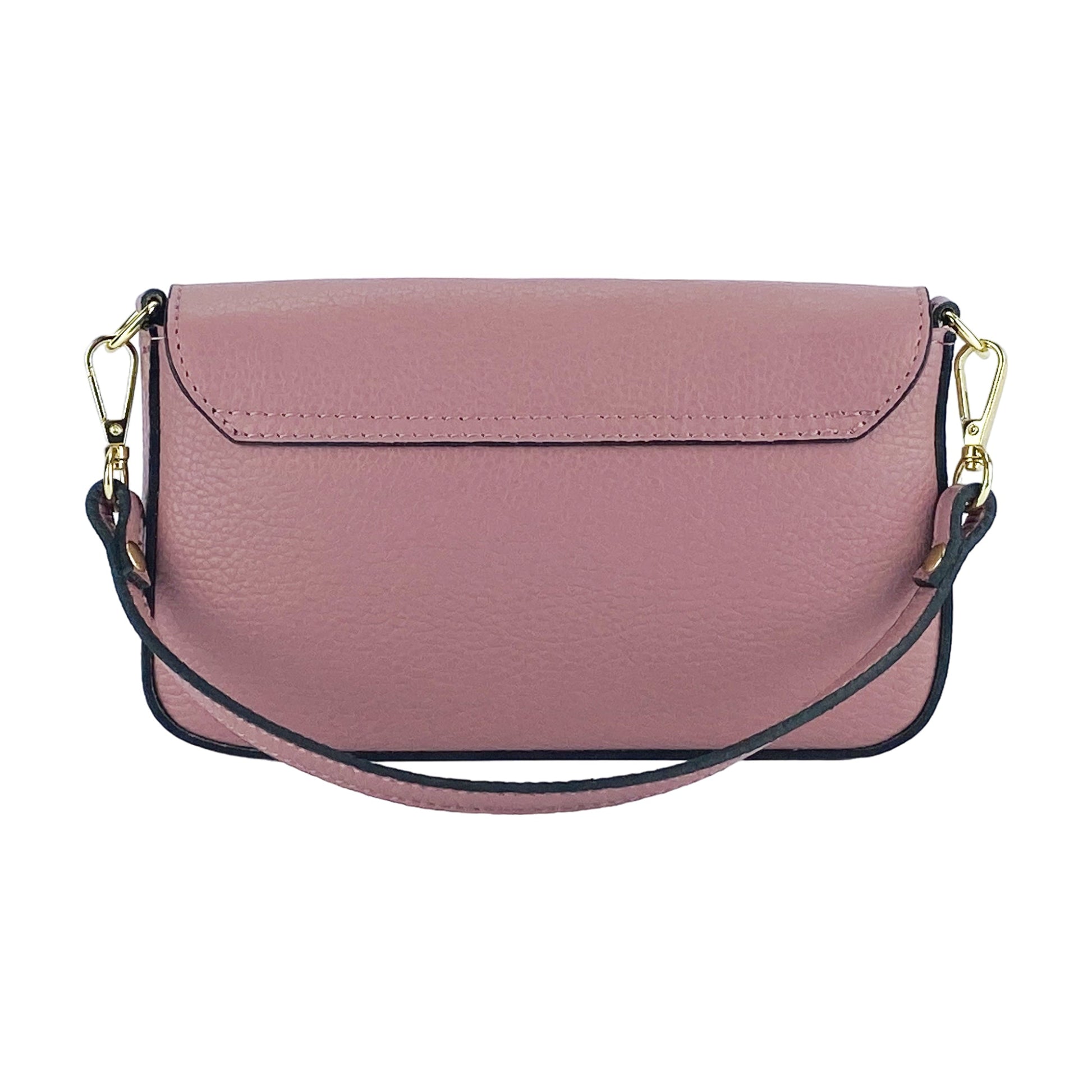 Pink handbag with a black strap on a white background