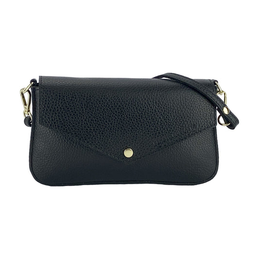 Black leather handbag with a gold clasp on a white background