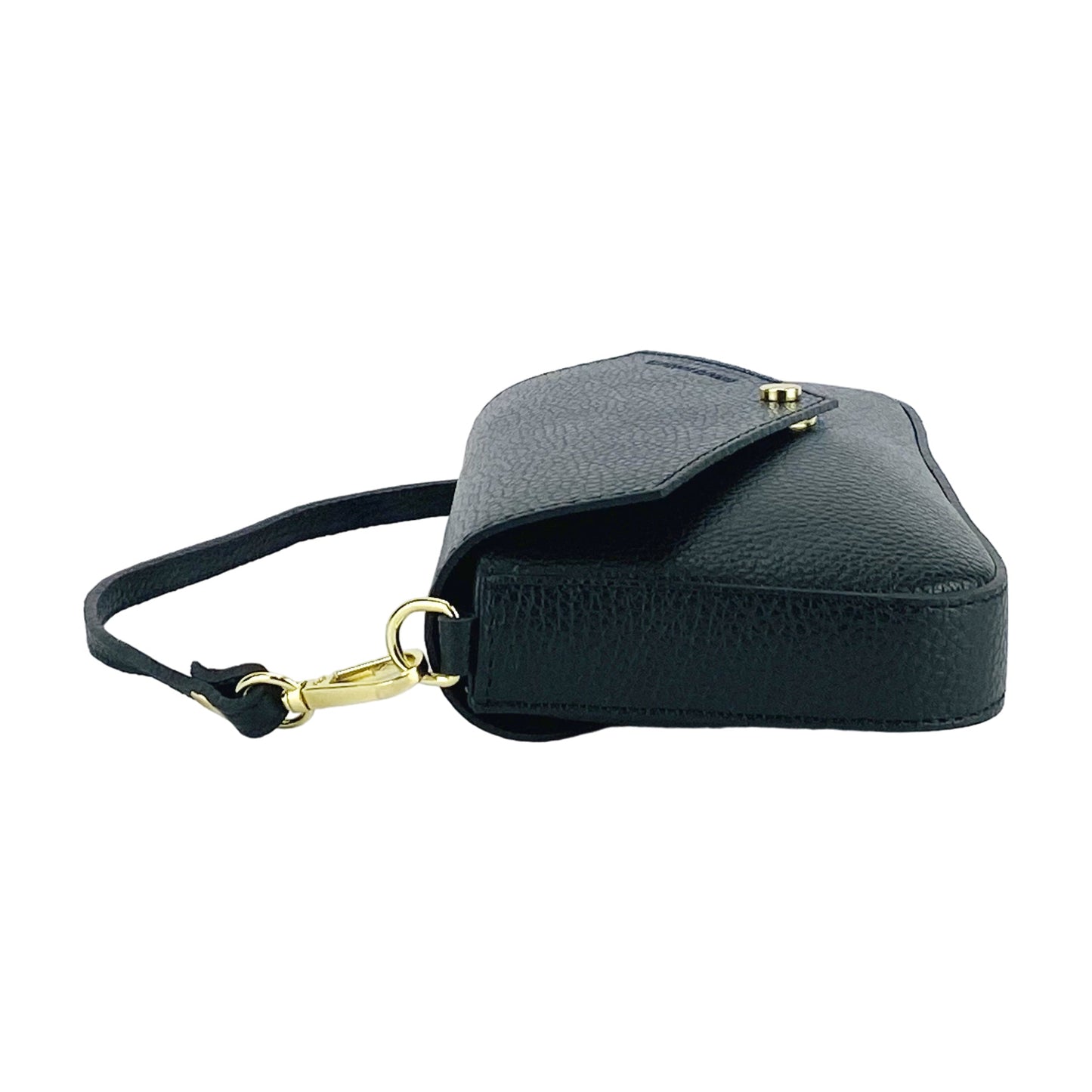 Black leather handbag with gold clasp on a white background