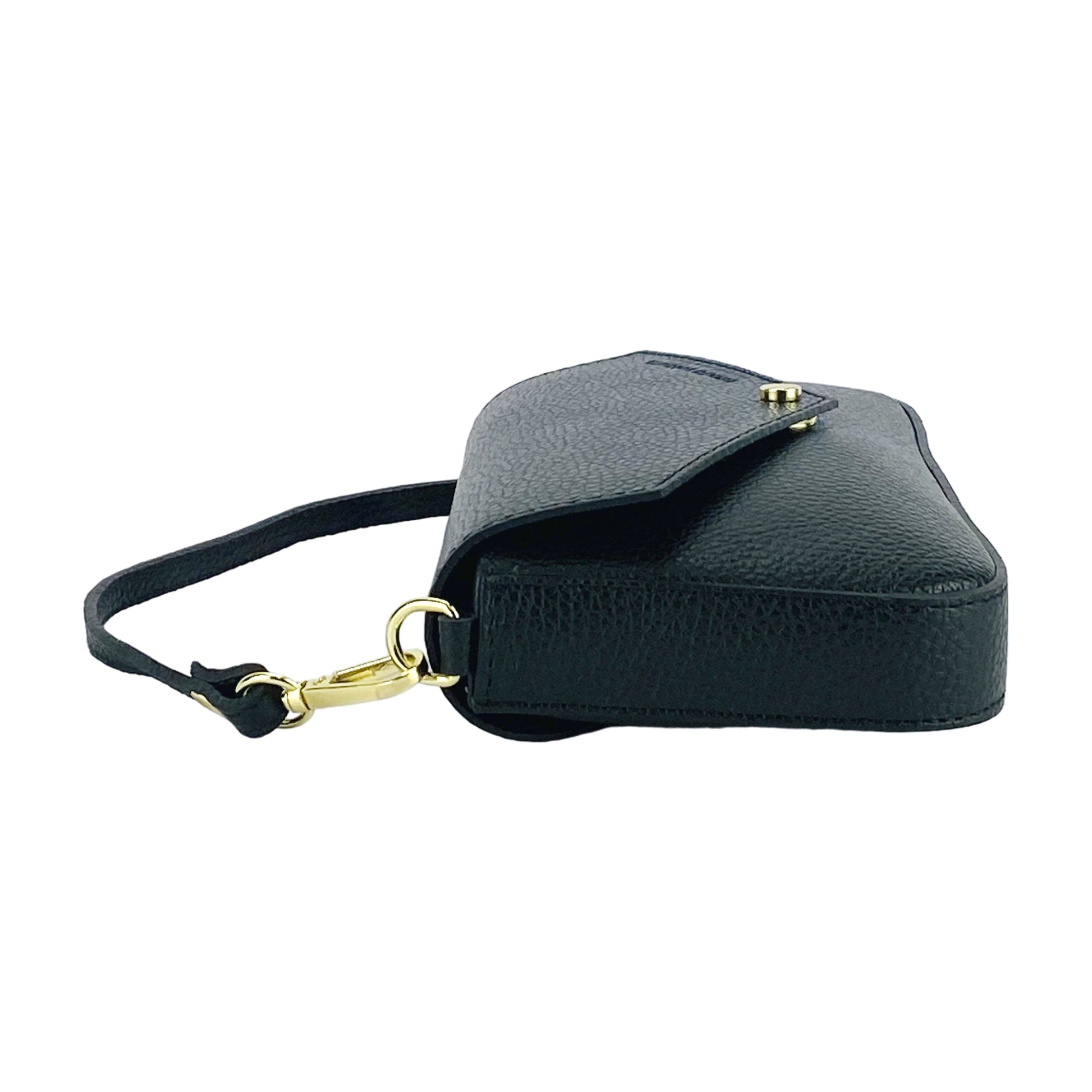 Black leather handbag with gold clasp on a white background