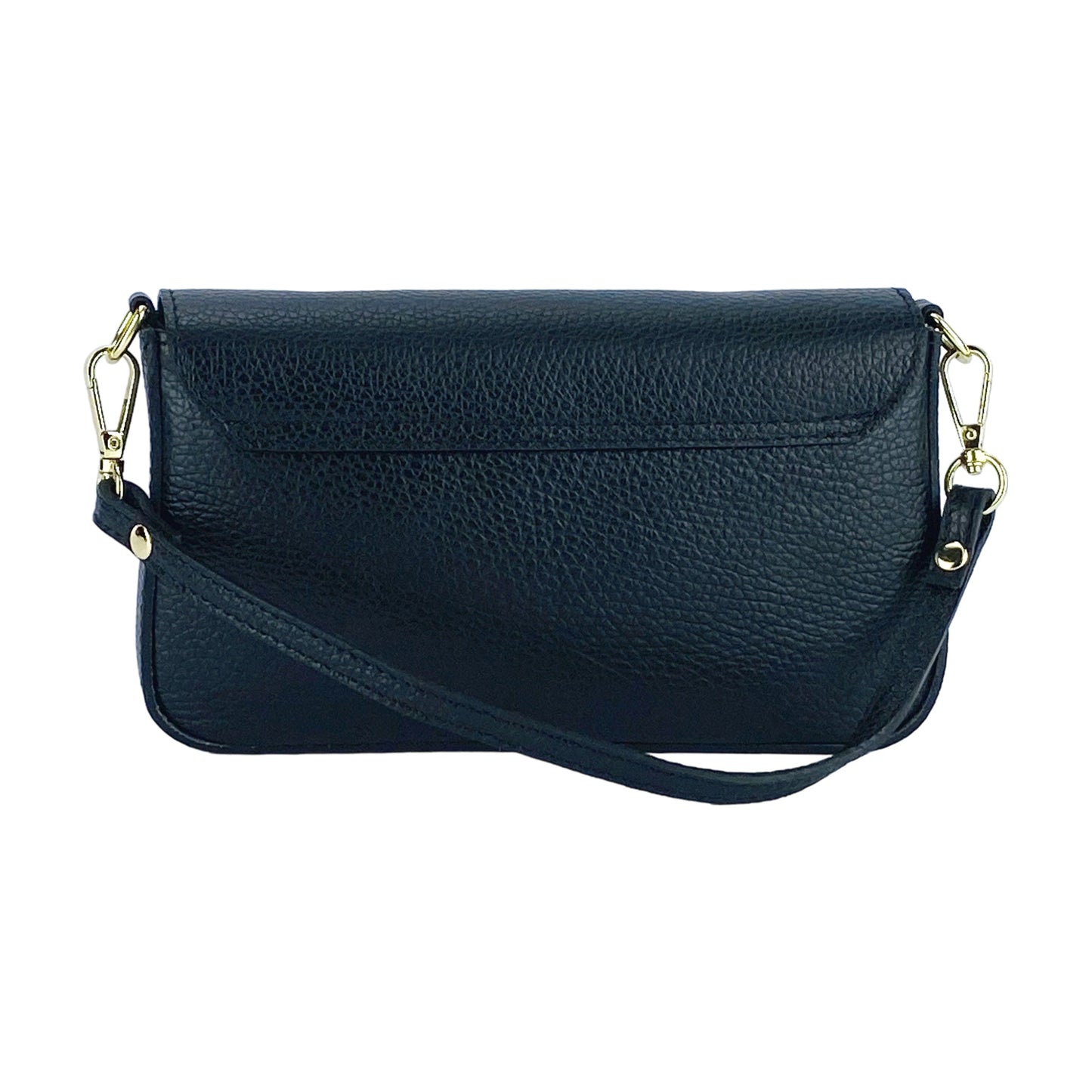 Navy blue handbag with gold chain strap on a white background
