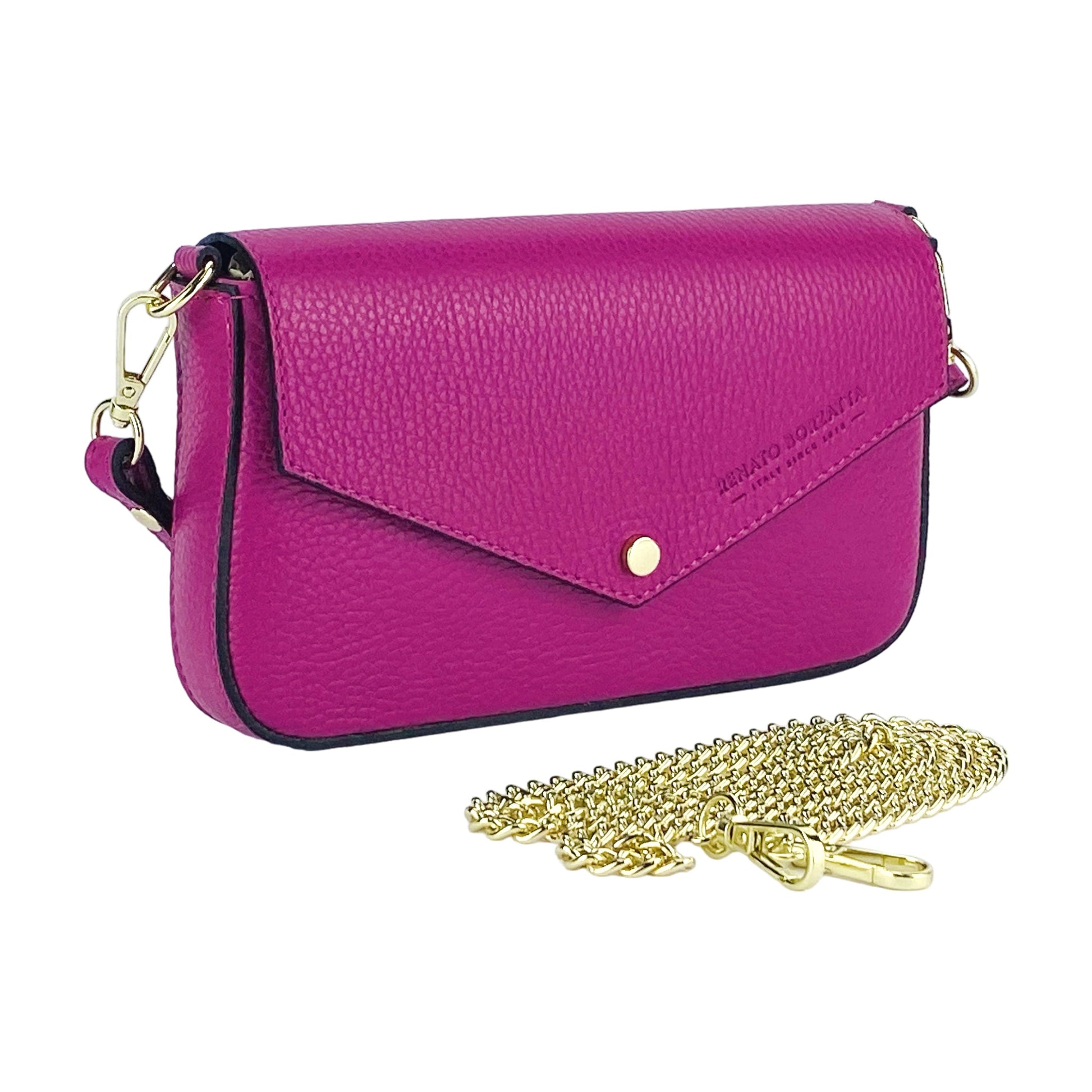 Purple handbag with gold chain on a white background