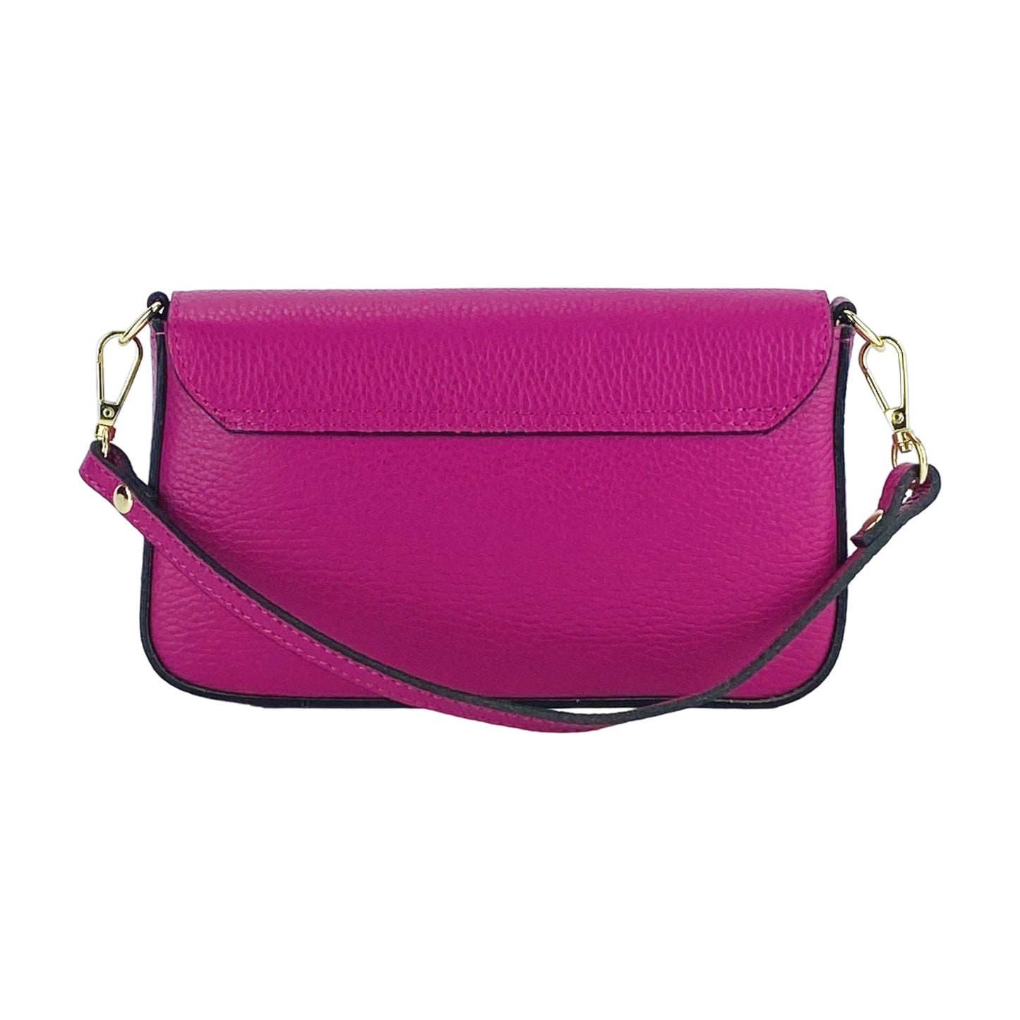Pink handbag with a black strap on a white background