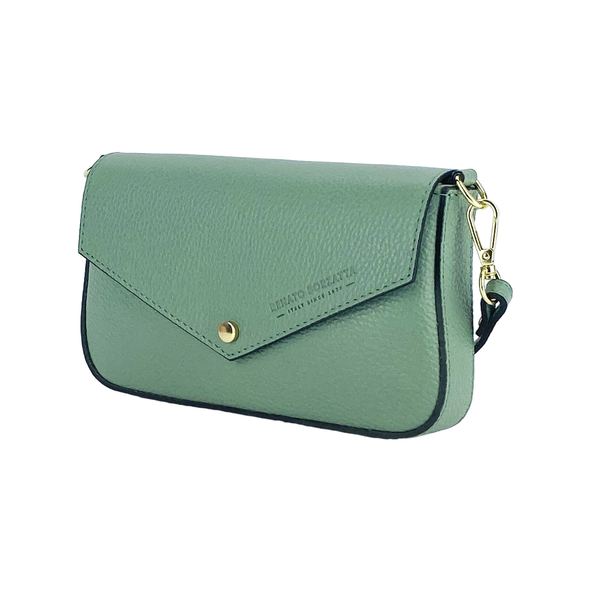 Green handbag with gold chain on a white background