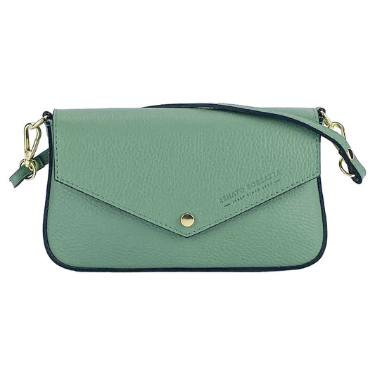 Green handbag with gold accents on a white background
