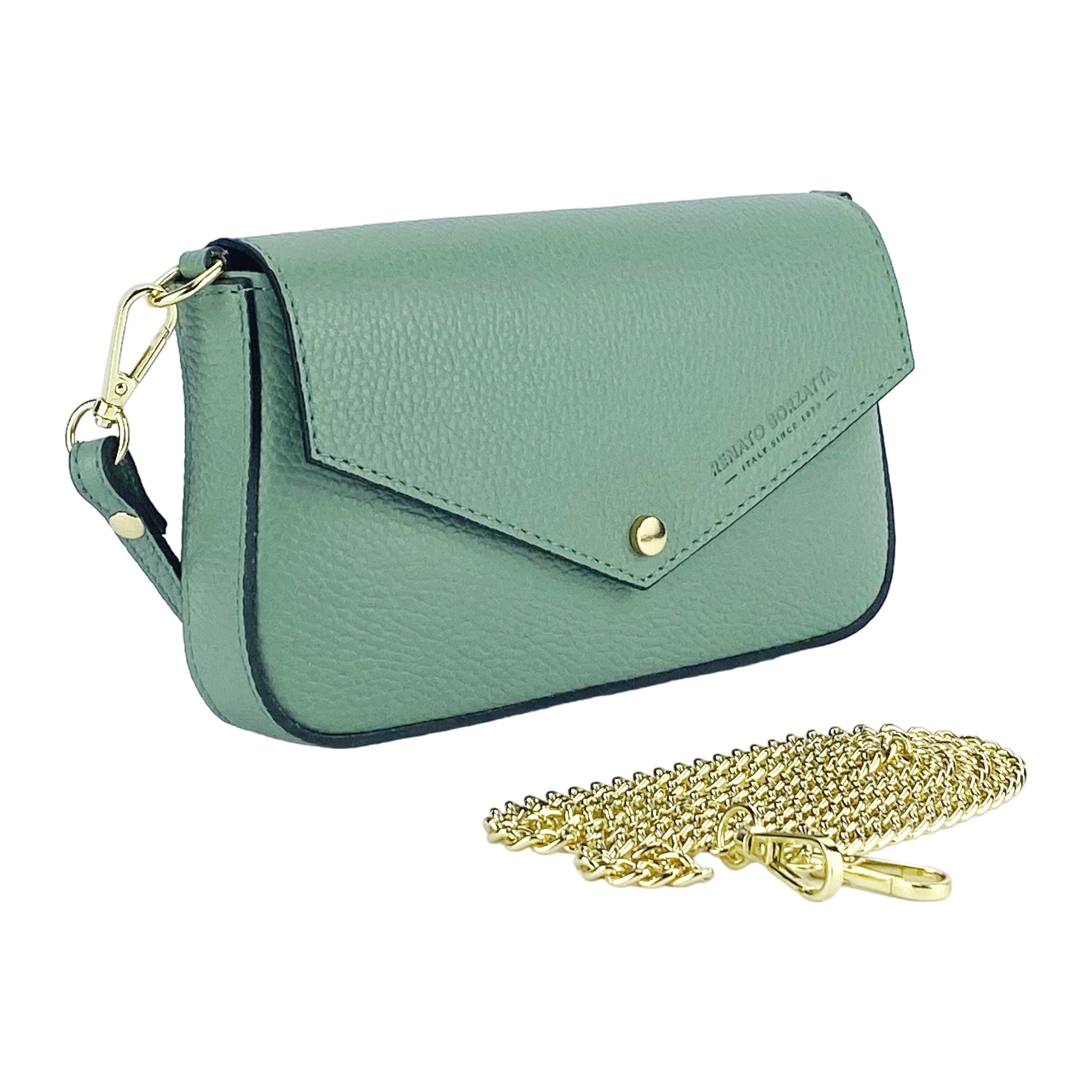 Green handbag with gold chain on a white background