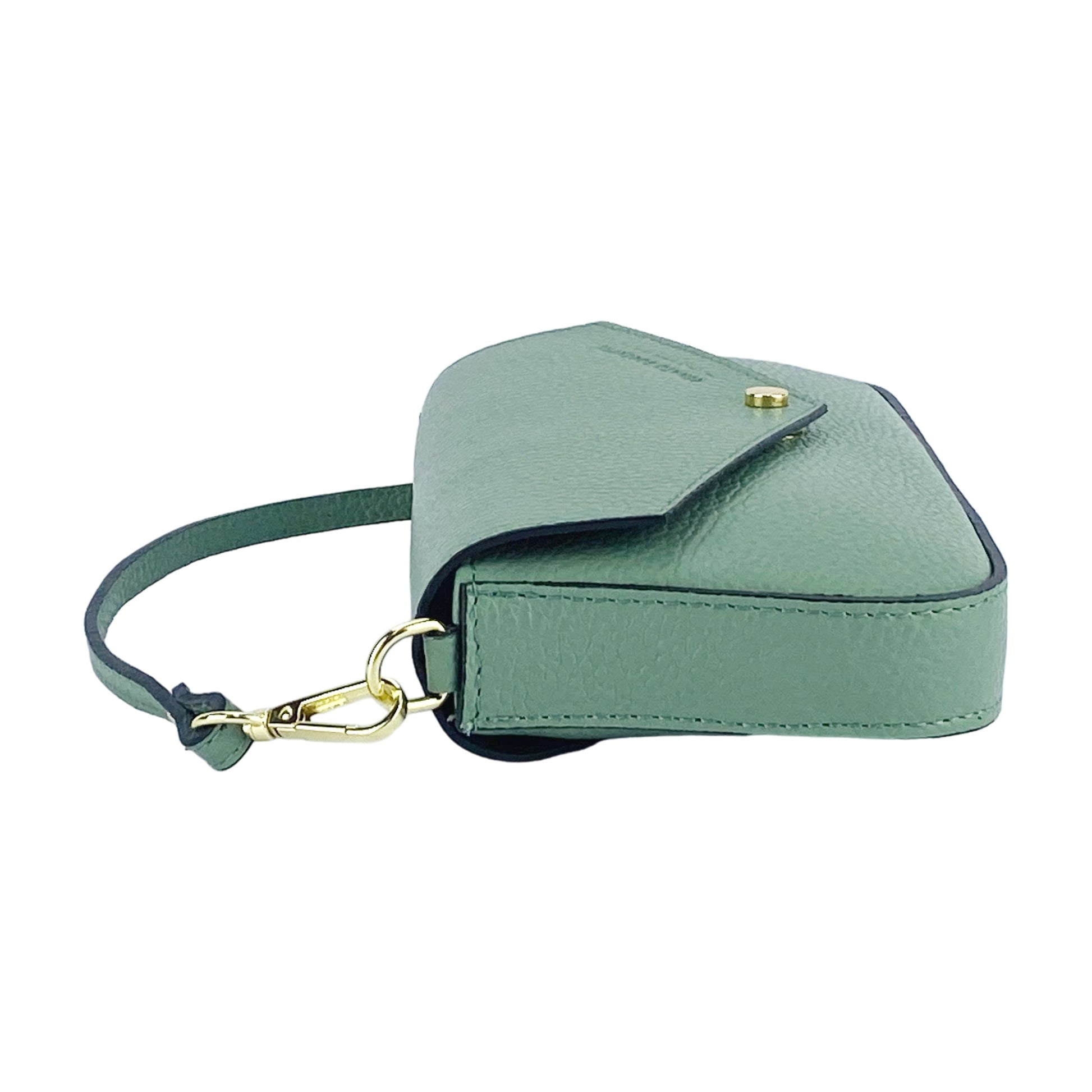 Green handbag with a strap on a white background