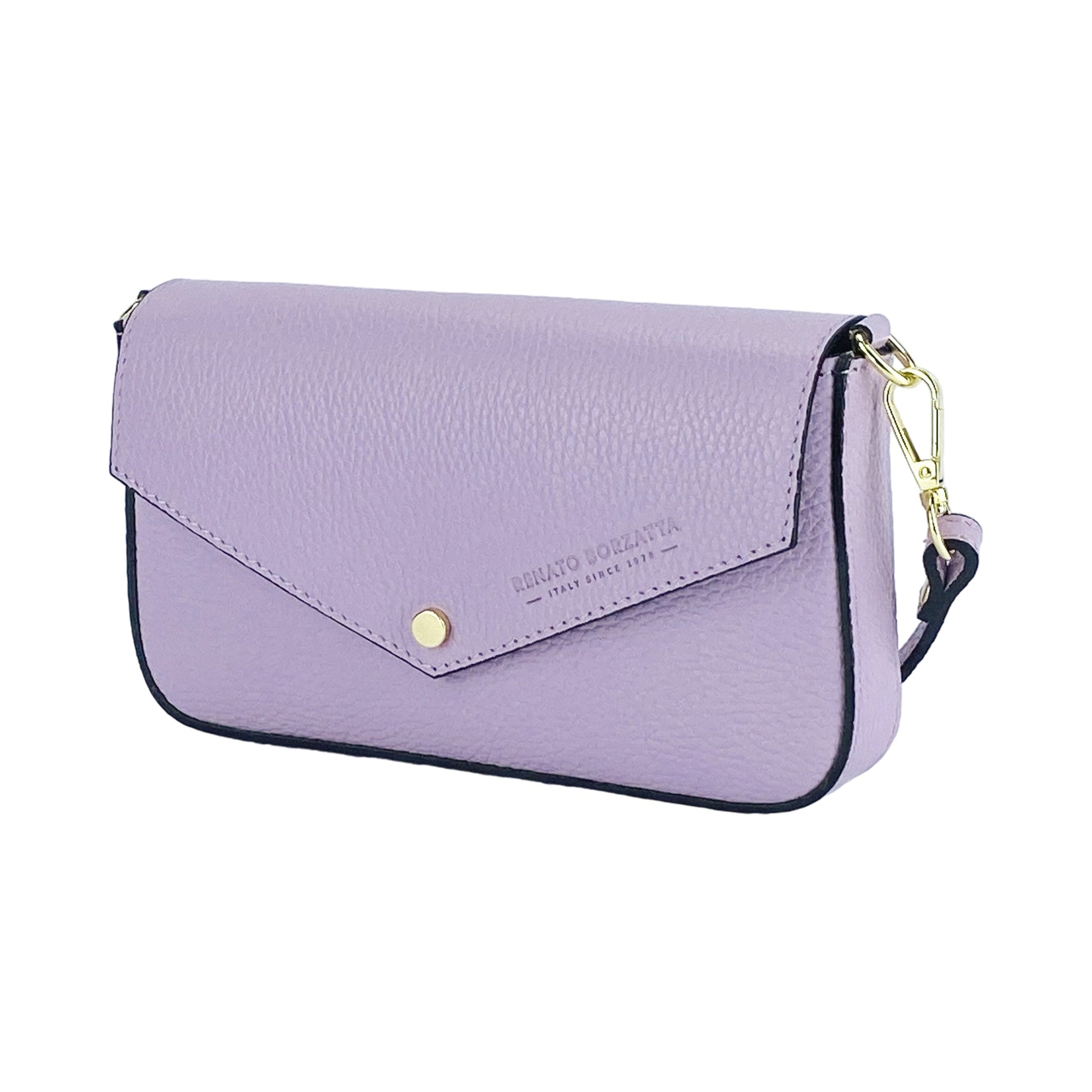 Purple handbag with gold accents on a white background