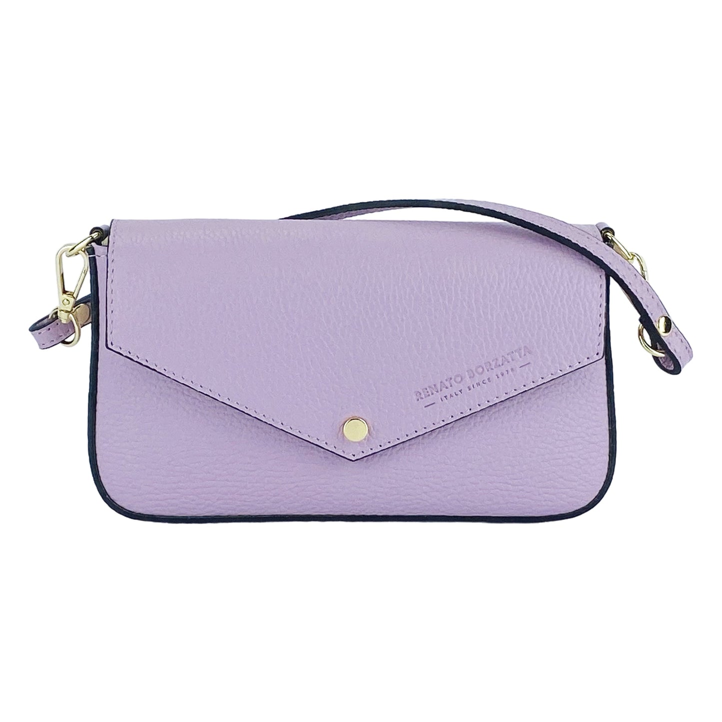 Purple handbag with gold accents on a white background