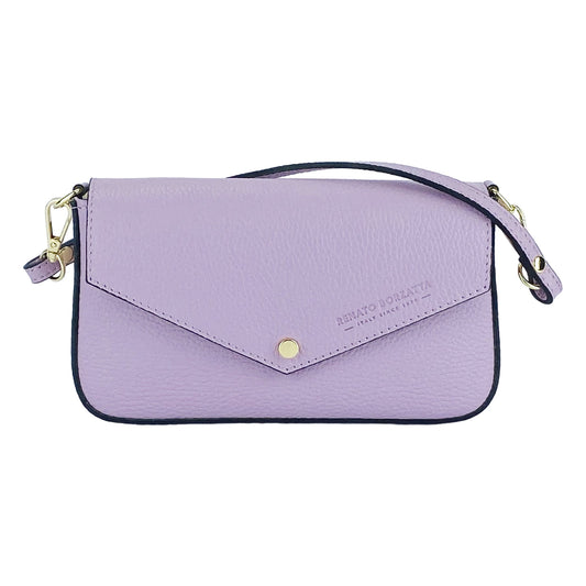 Purple handbag with gold accents on a white background