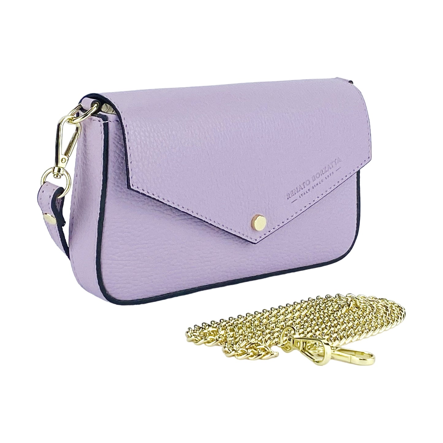 Purple handbag with gold chain on a white background