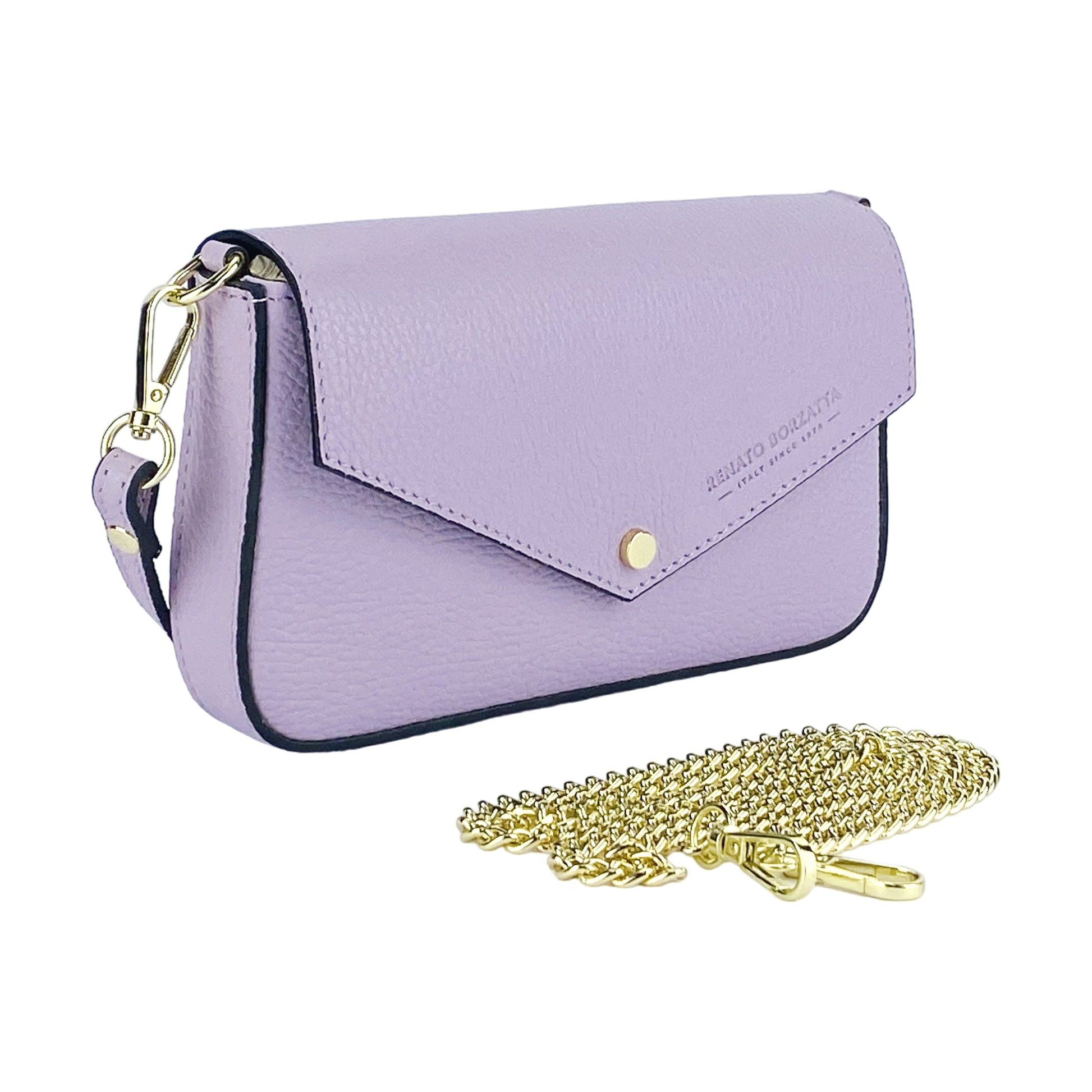 Purple handbag with gold chain on a white background