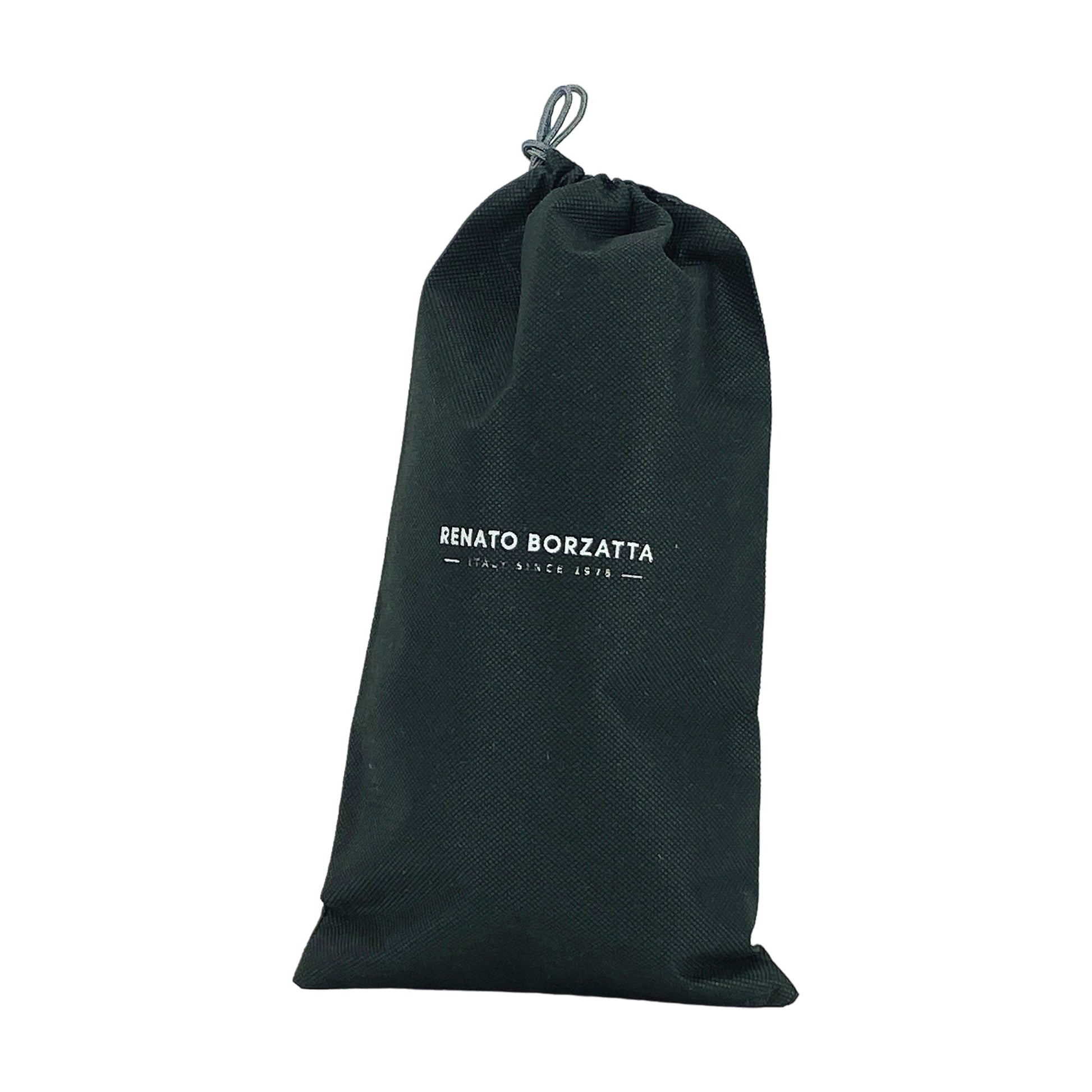 Black drawstring bag with 'Renato Borzatta' branding on a white background