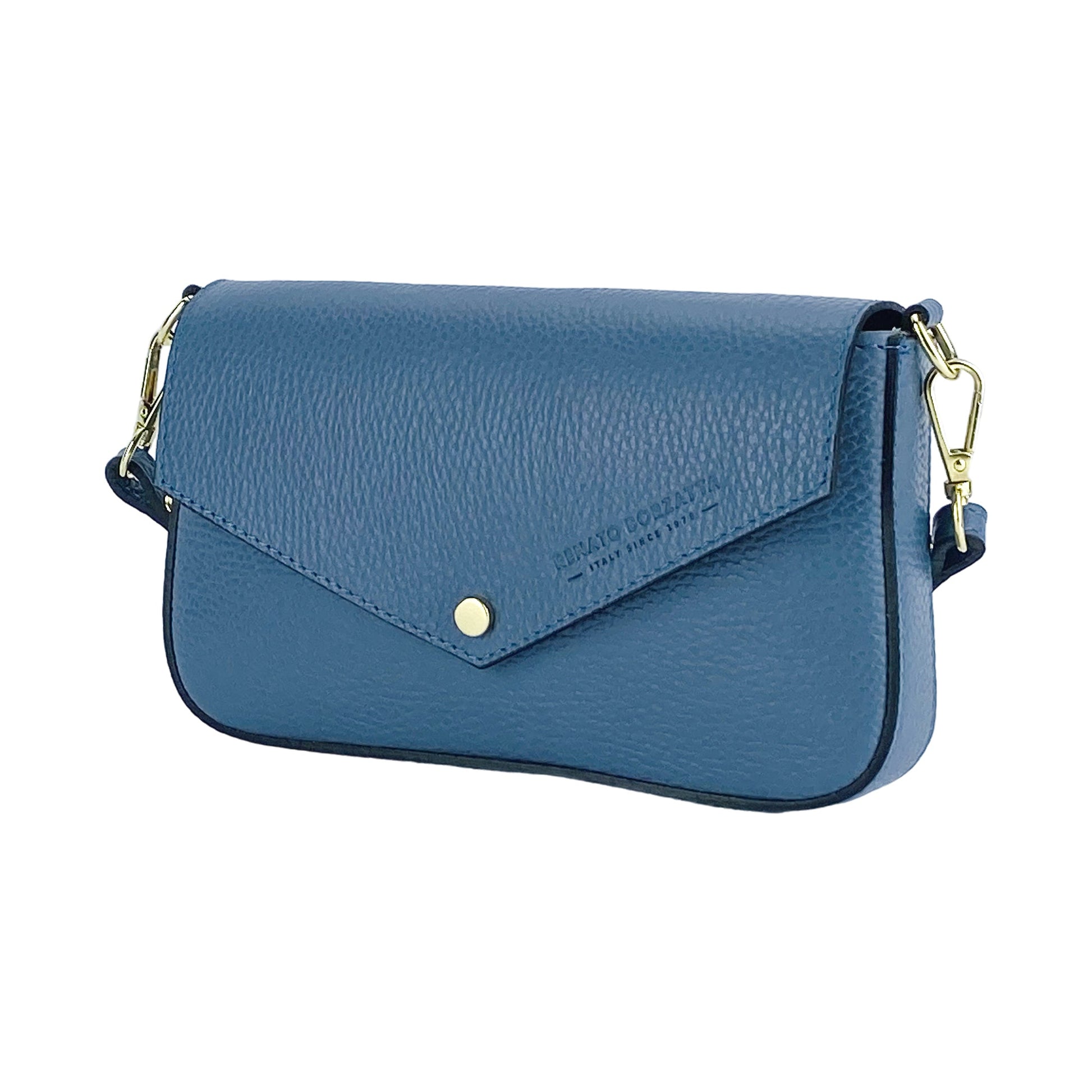 Blue handbag with gold accents on a white background
