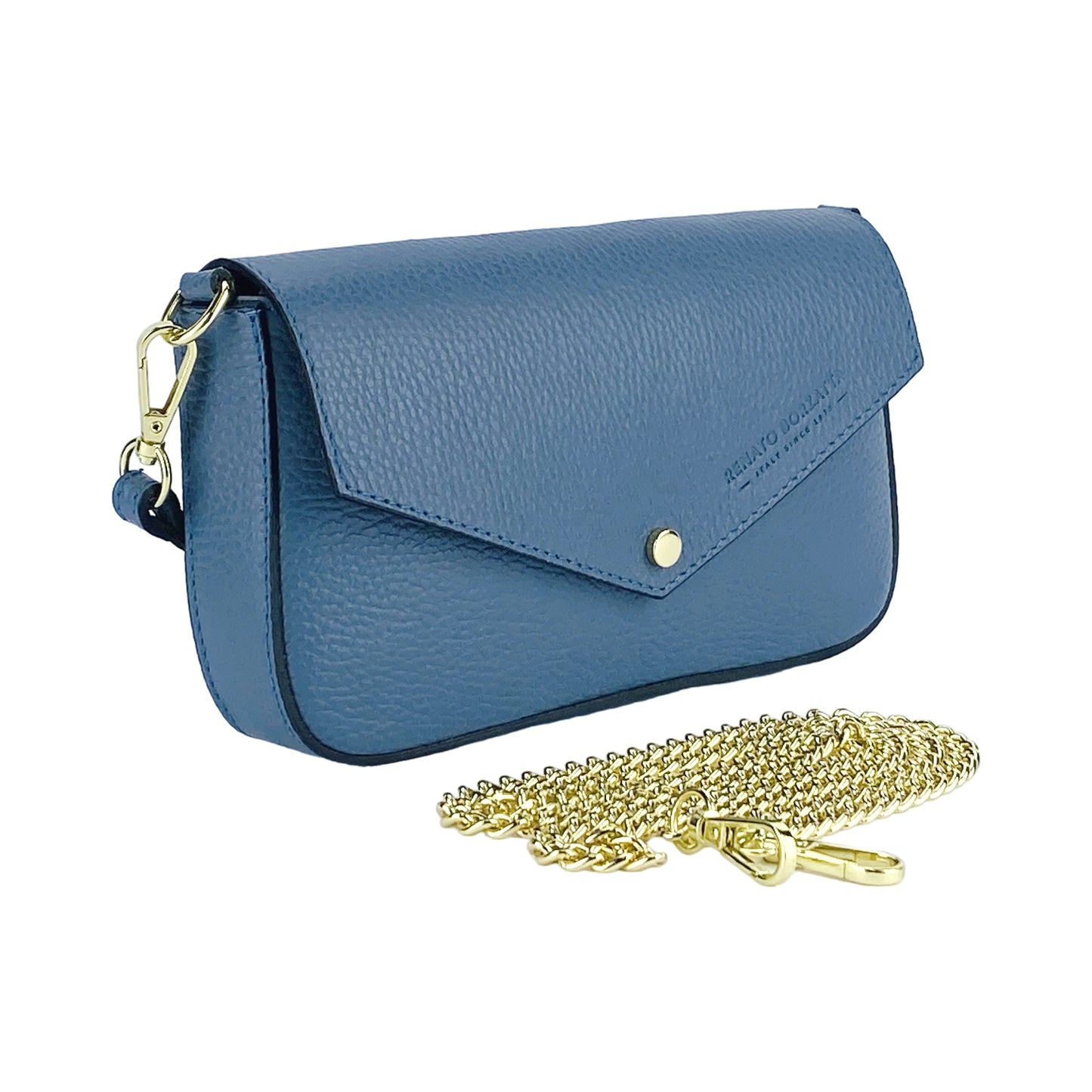 Blue handbag with gold chain on a white background