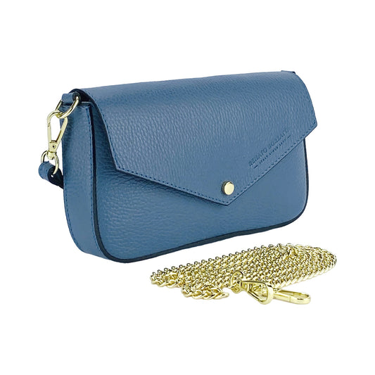 Blue handbag with gold chain on a white background