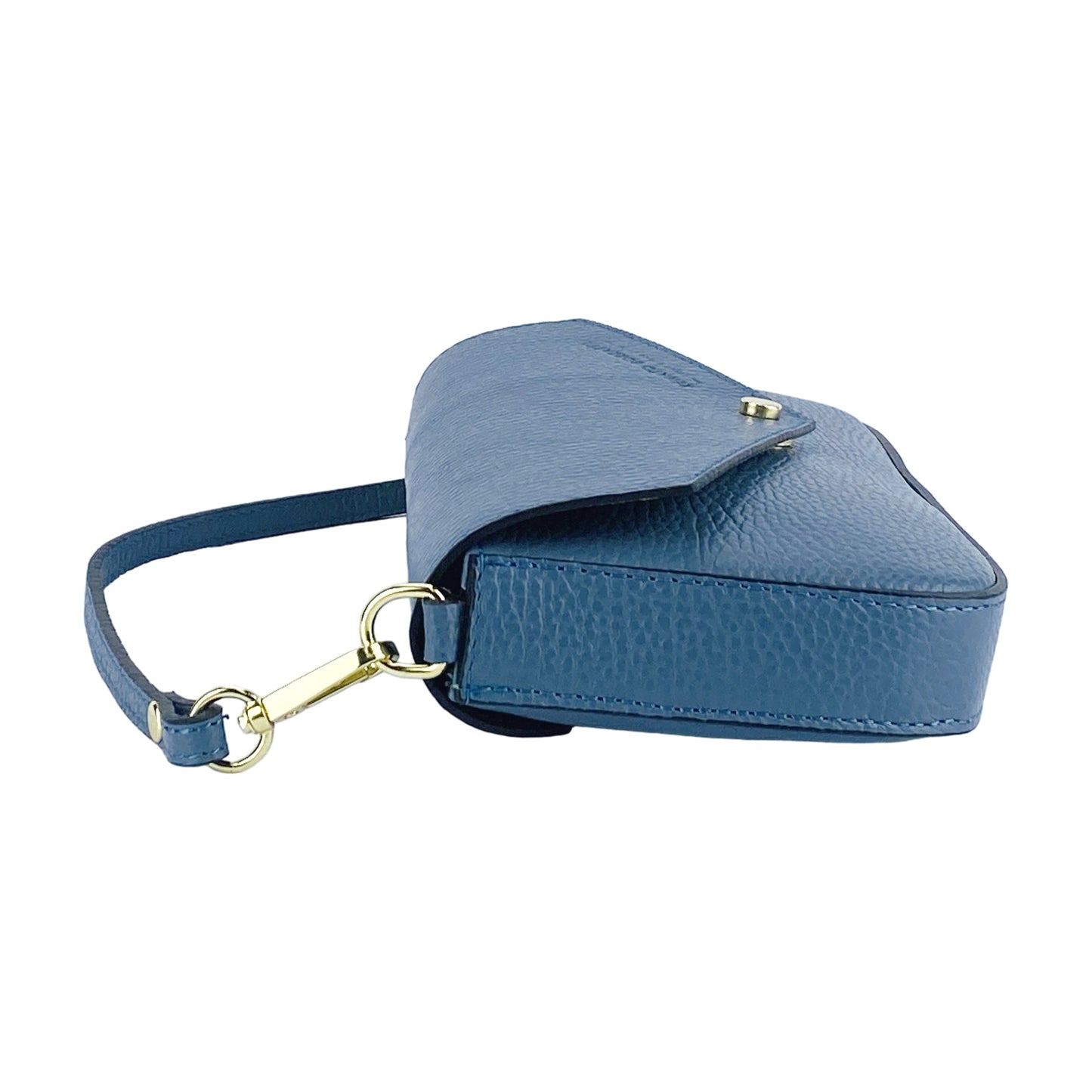 Blue leather dog muzzle with gold clip on a white background