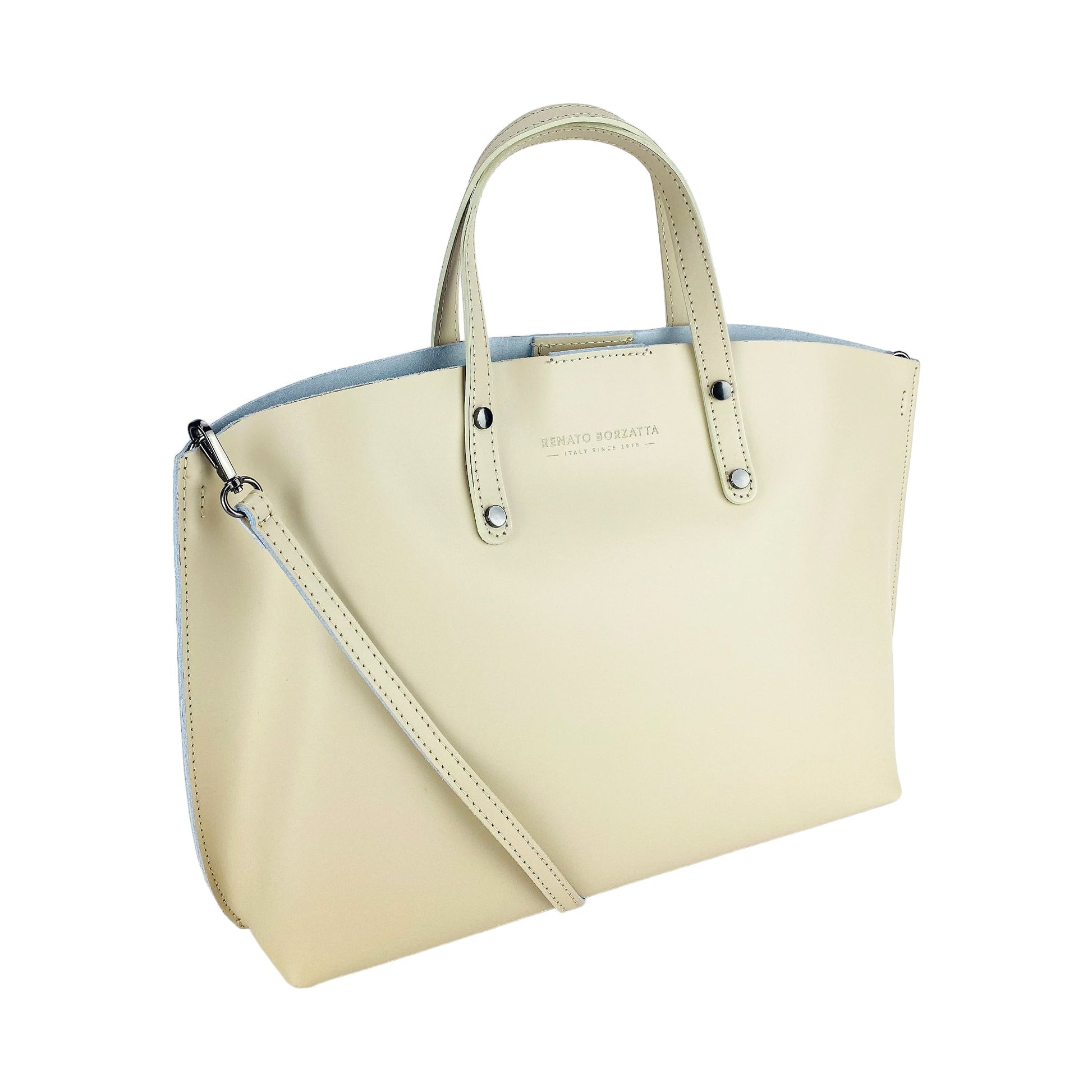 Beige handbag with a shoulder strap on a white background