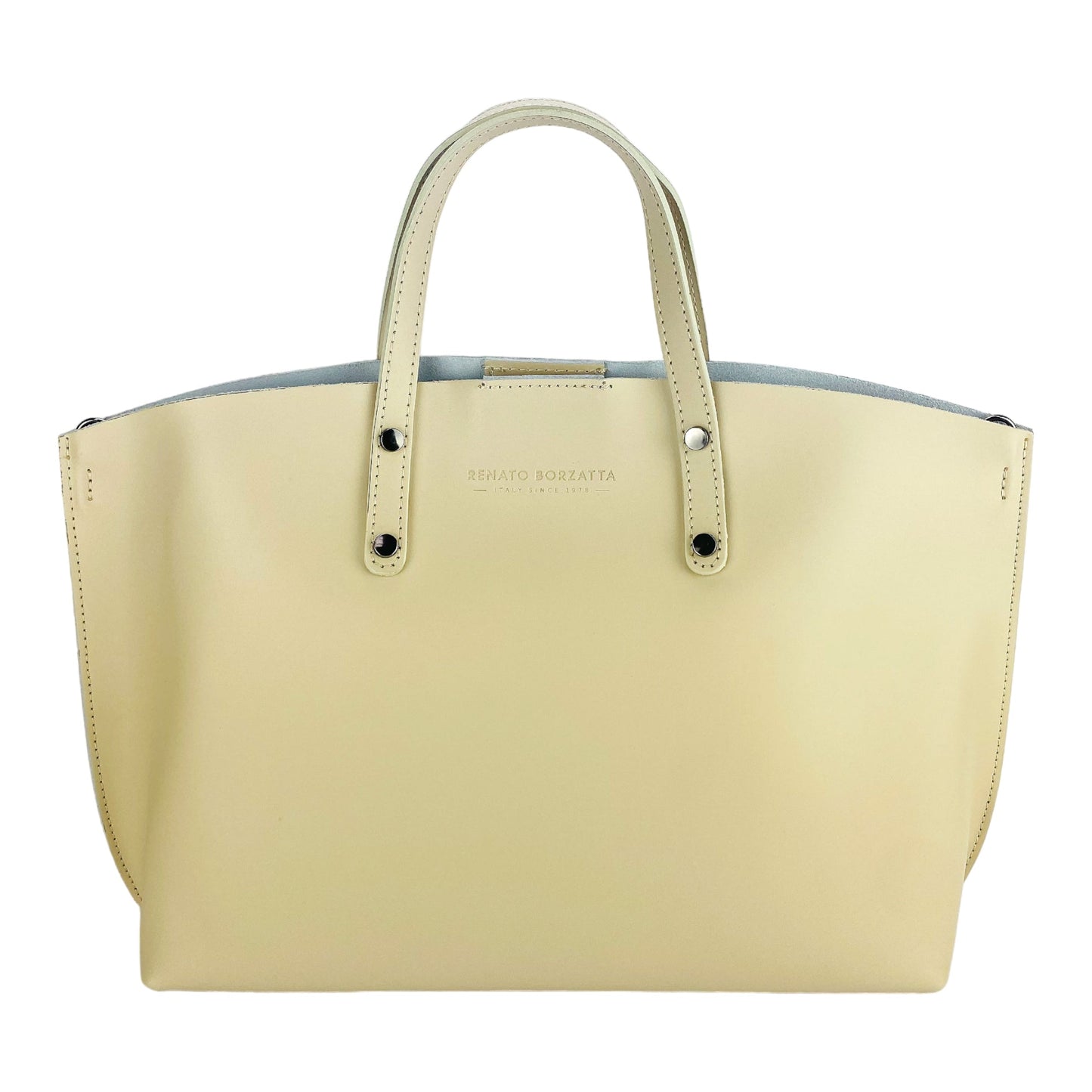 Beige handbag with a visible brand name on a white background