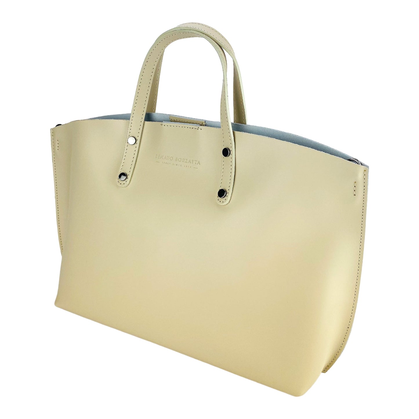 Beige handbag with a visible brand name on a white background