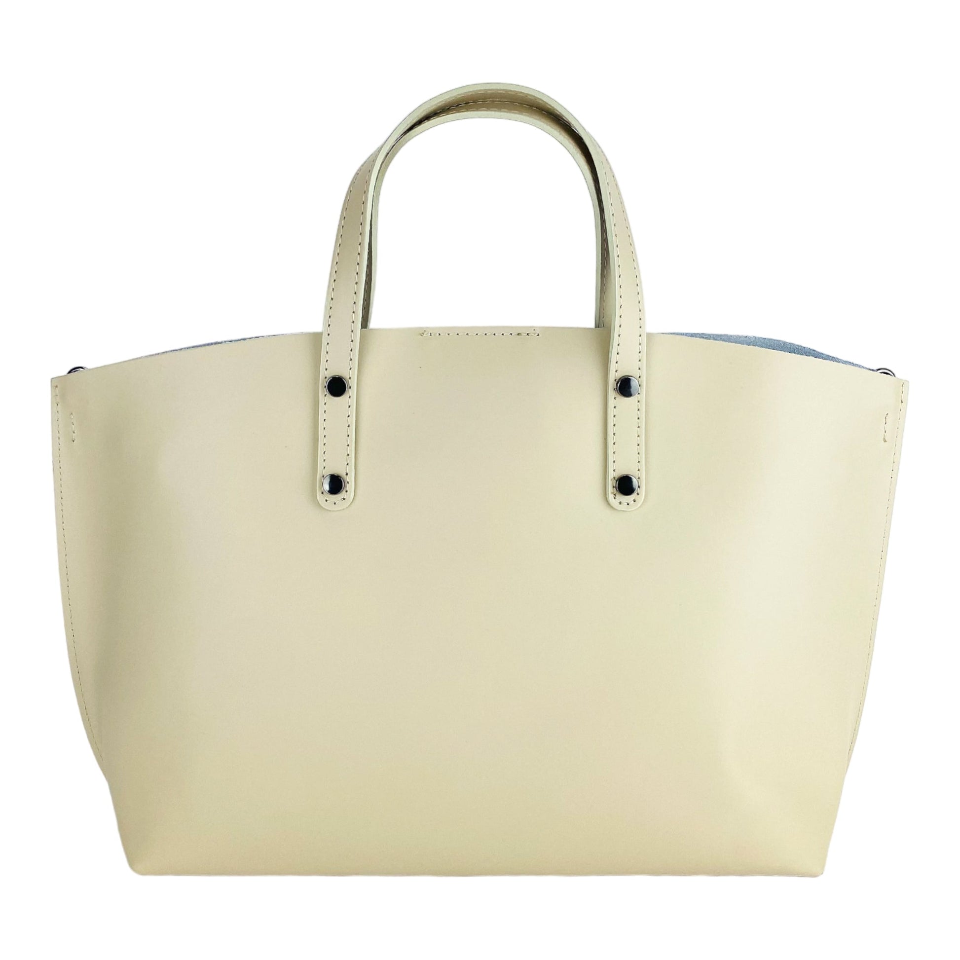 Beige handbag with black accents on a white background