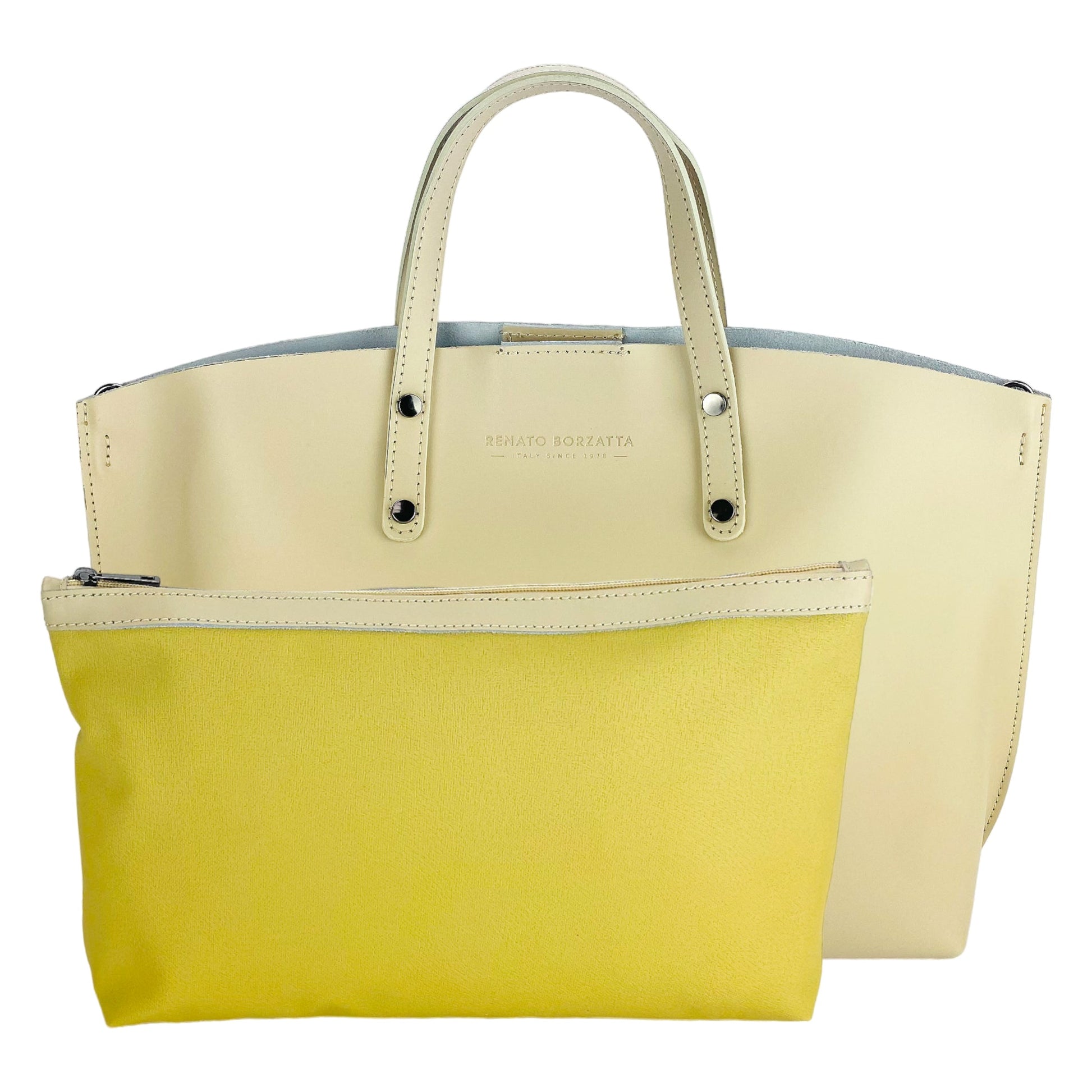 Beige handbag and yellow pouch on a white background