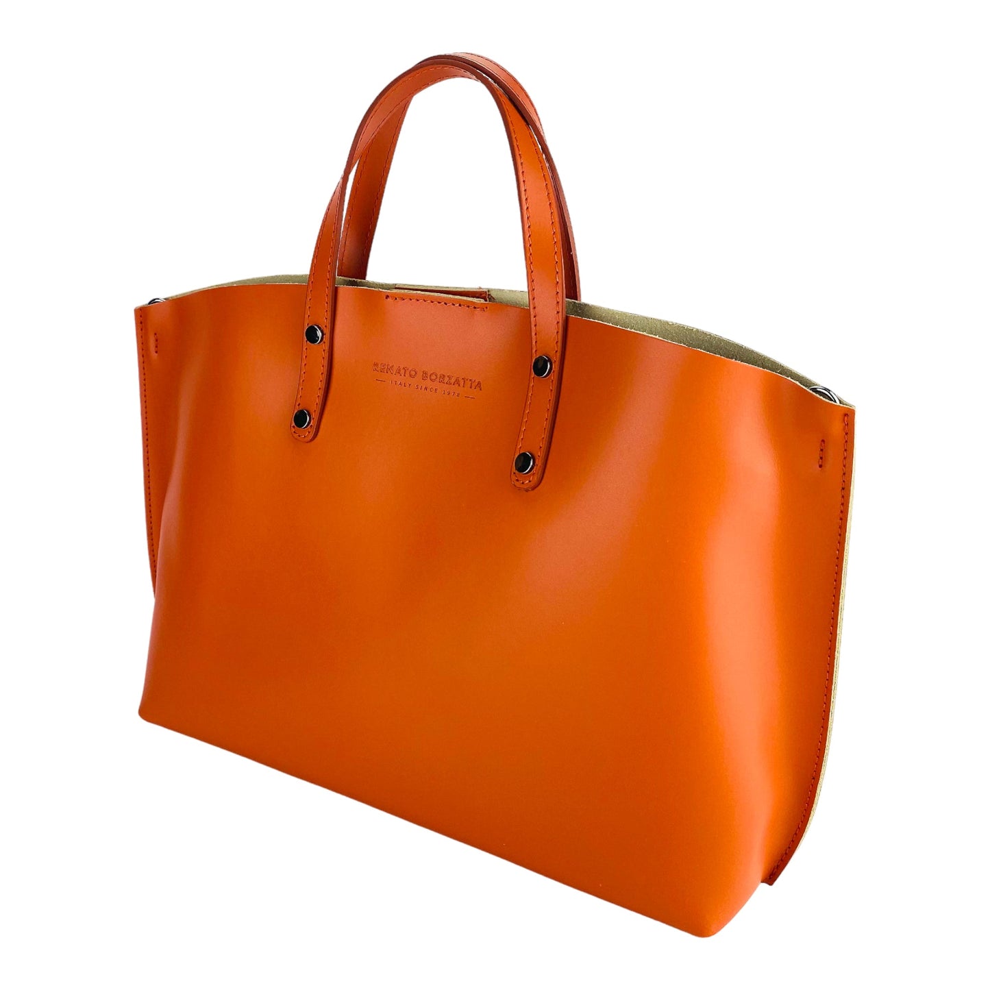 Orange handbag with visible brand name on a white background