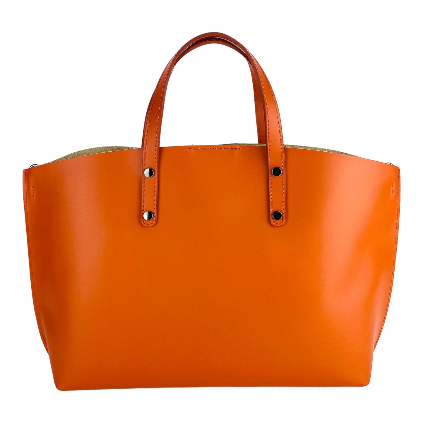 Orange handbag with leather handles on a white background