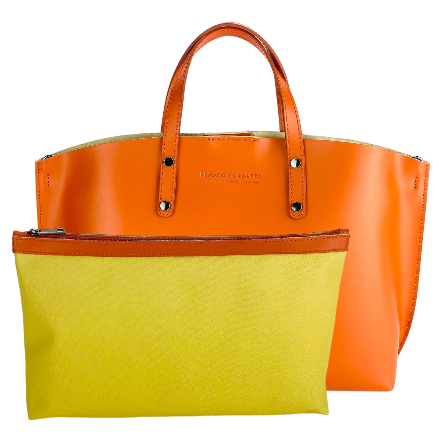 Orange and yellow handbag with visible brand name on a white background