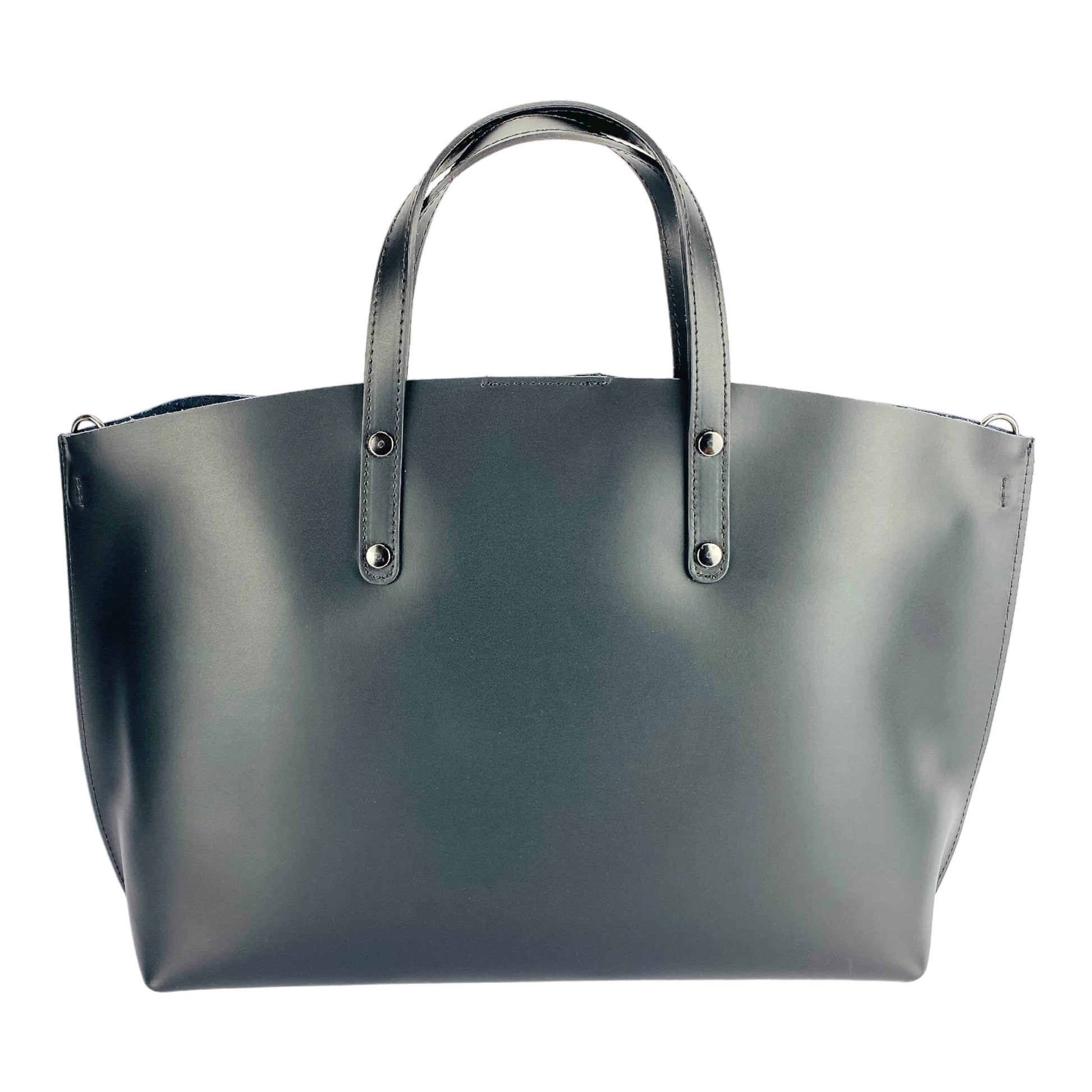 Gray tote bag with silver handles on a white background