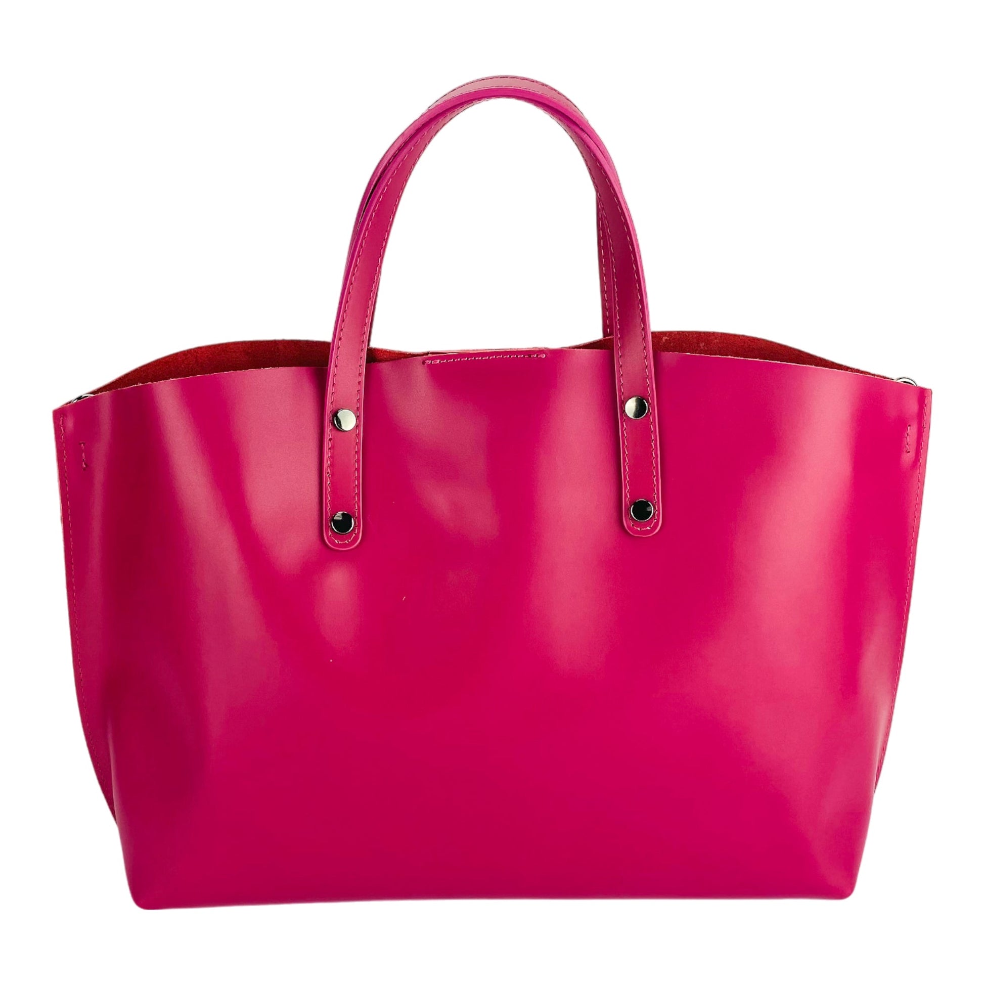 Pink tote bag with handles on a white background