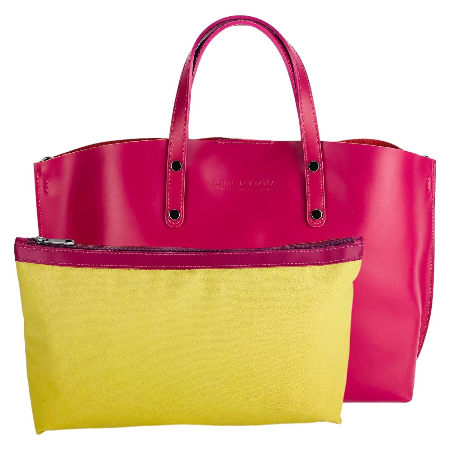 Pink and yellow handbag with visible brand name on a white background