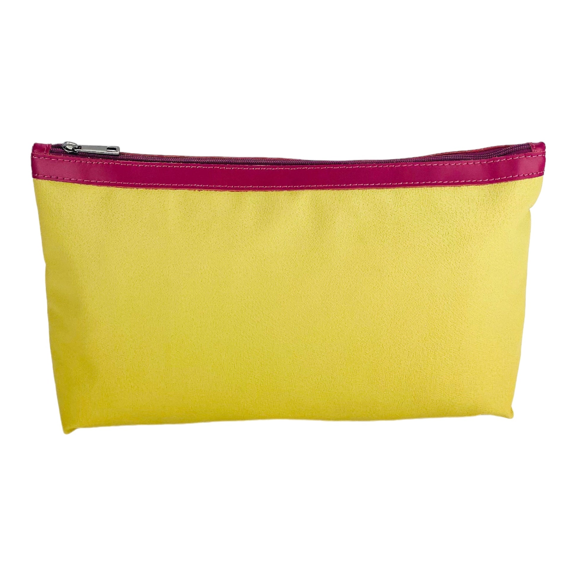 Yellow pouch with a pink zipper on a white background