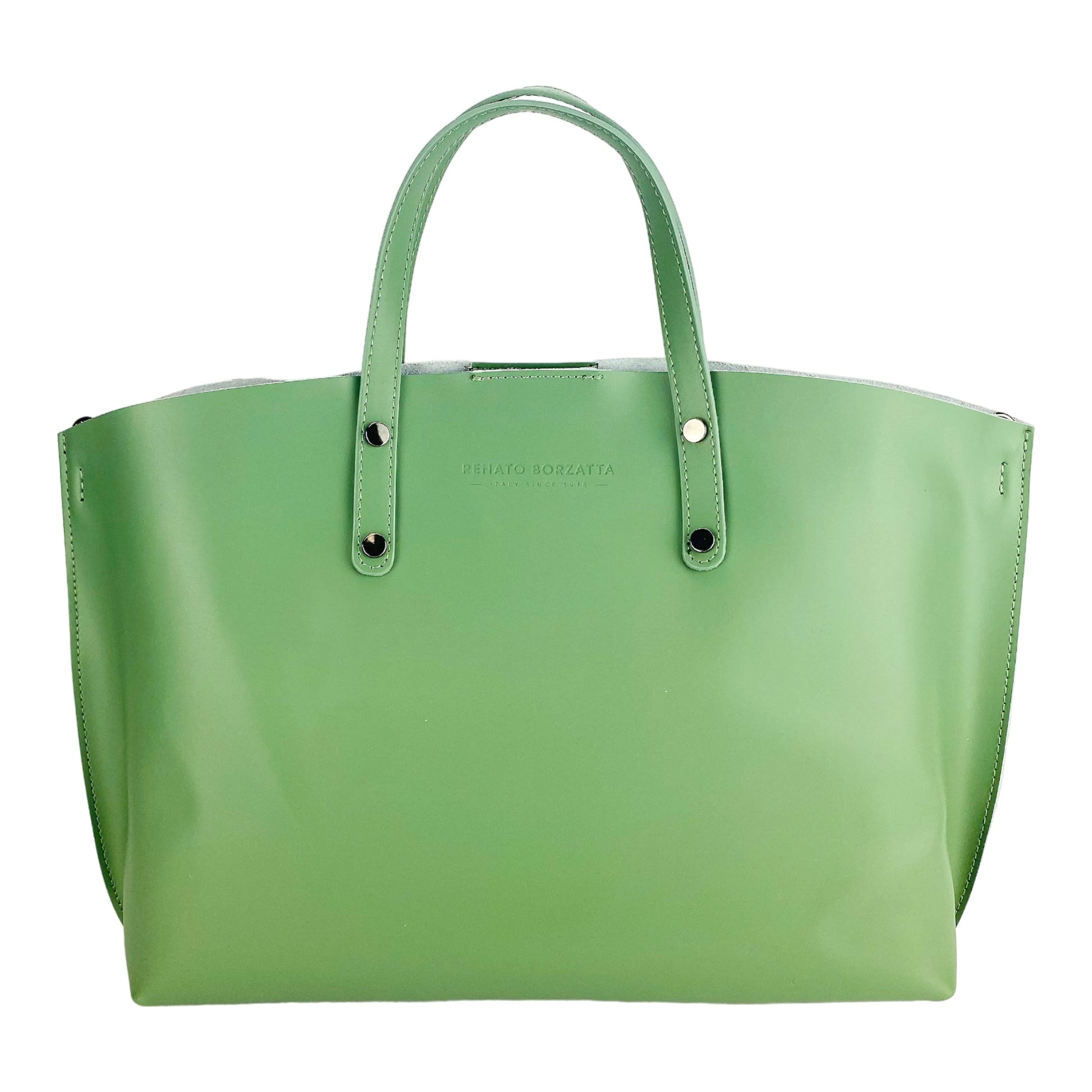 Green handbag with a visible brand name on a white background