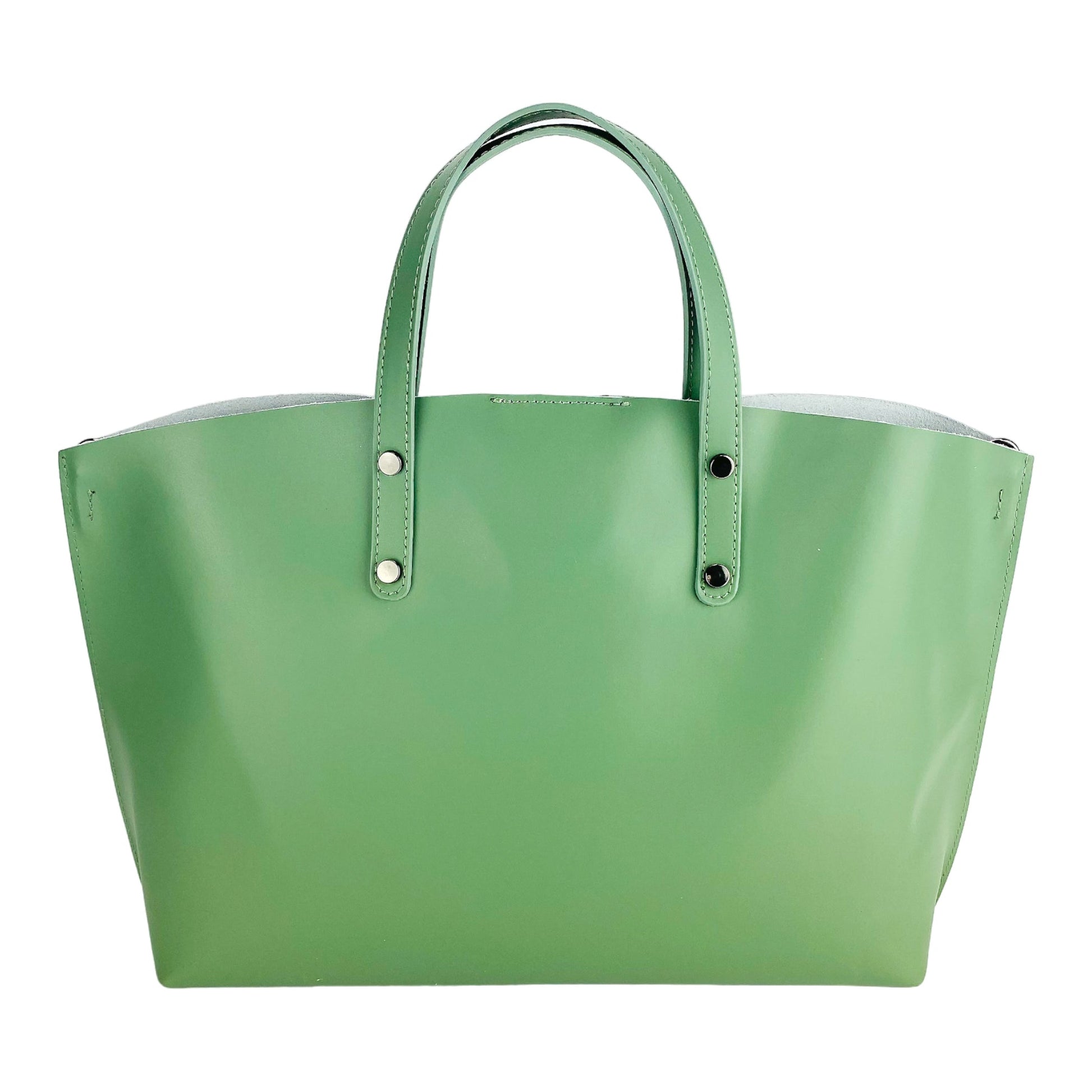 Green handbag with white base on a white background