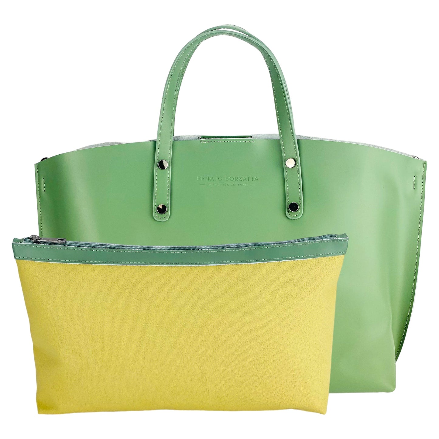Green and yellow tote bag on a white background