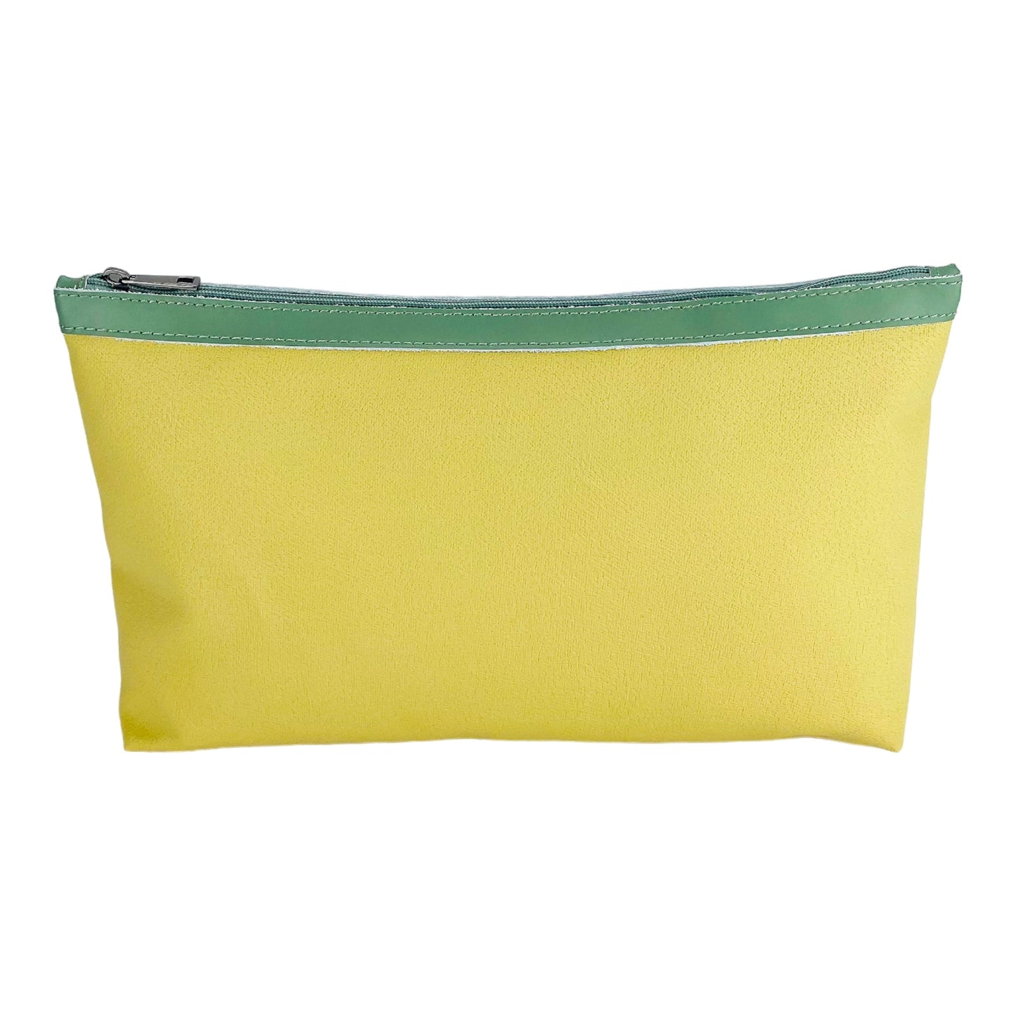 Yellow pouch with a green zipper on a white background