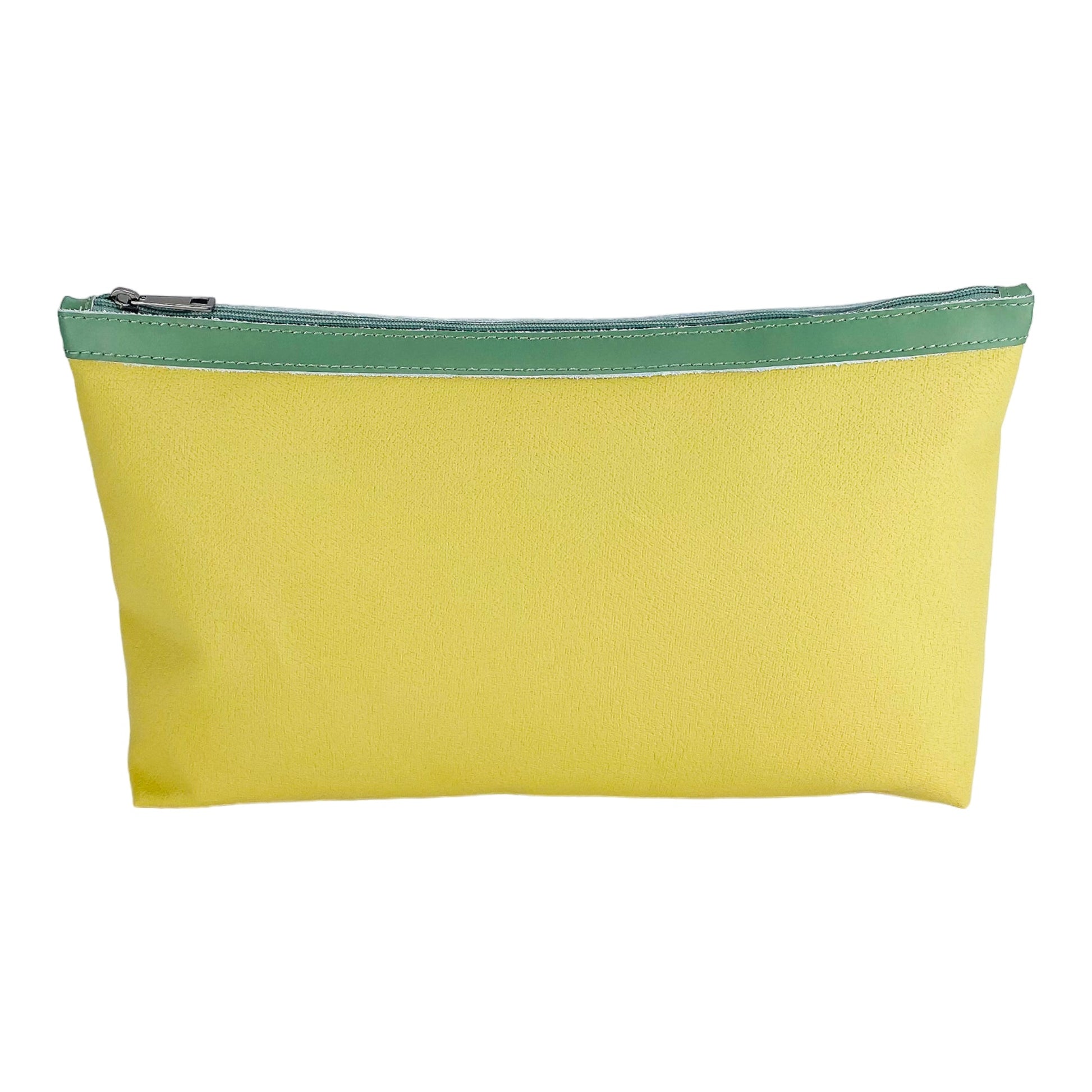 Yellow pouch with a green zipper on a white background