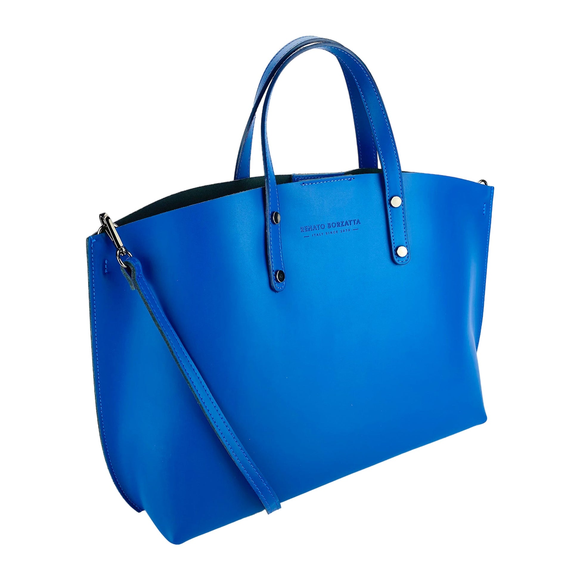 Blue handbag with a shoulder strap on a white background